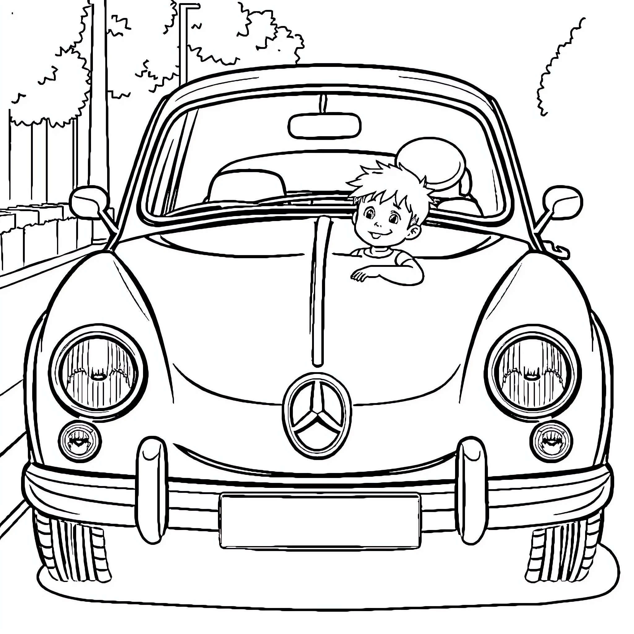 Car with child driving through city landscape Coloring Page (free black-and-white line drawing printable PDF for all, from beginners to advanced learners, including children, teens, adults, and seniors)