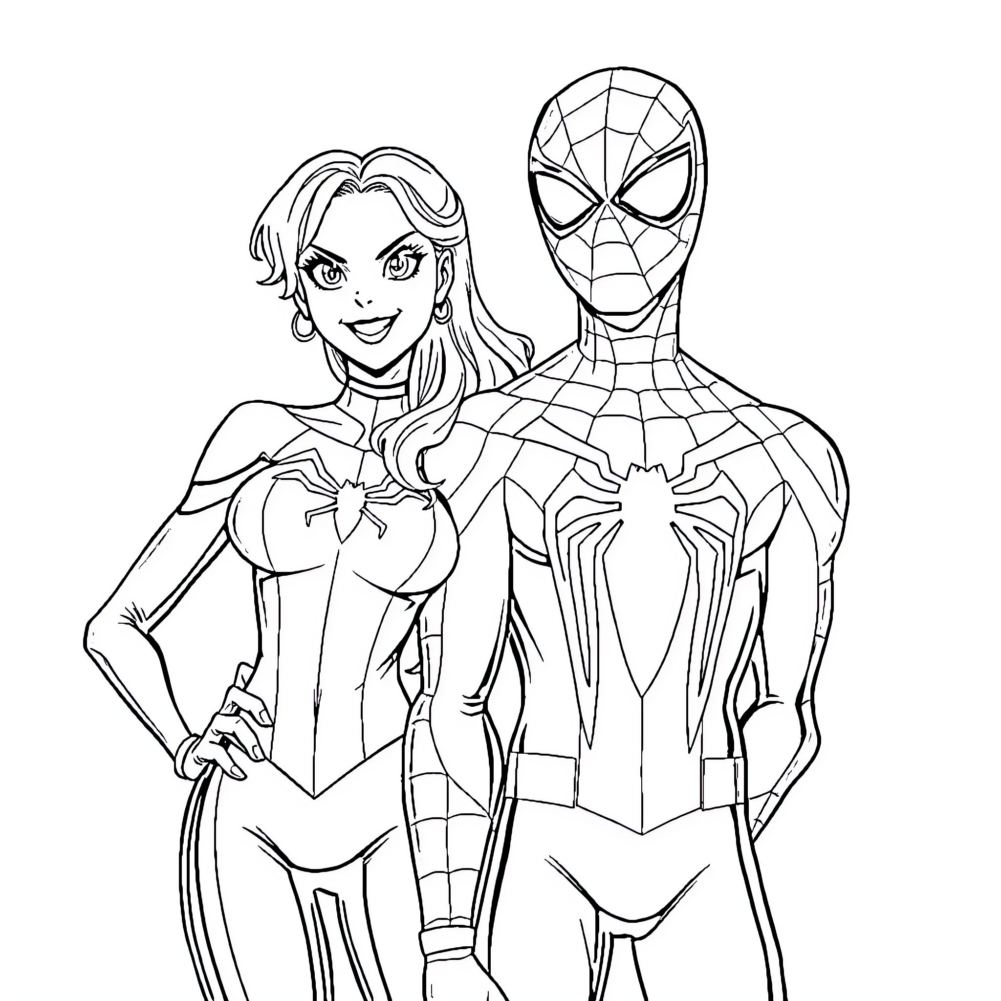 Kuromi and Spider-Man posing together Coloring Page (free black-and-white line drawing printable PDF for all, from beginners to advanced learners, including children, teens, adults, and seniors)