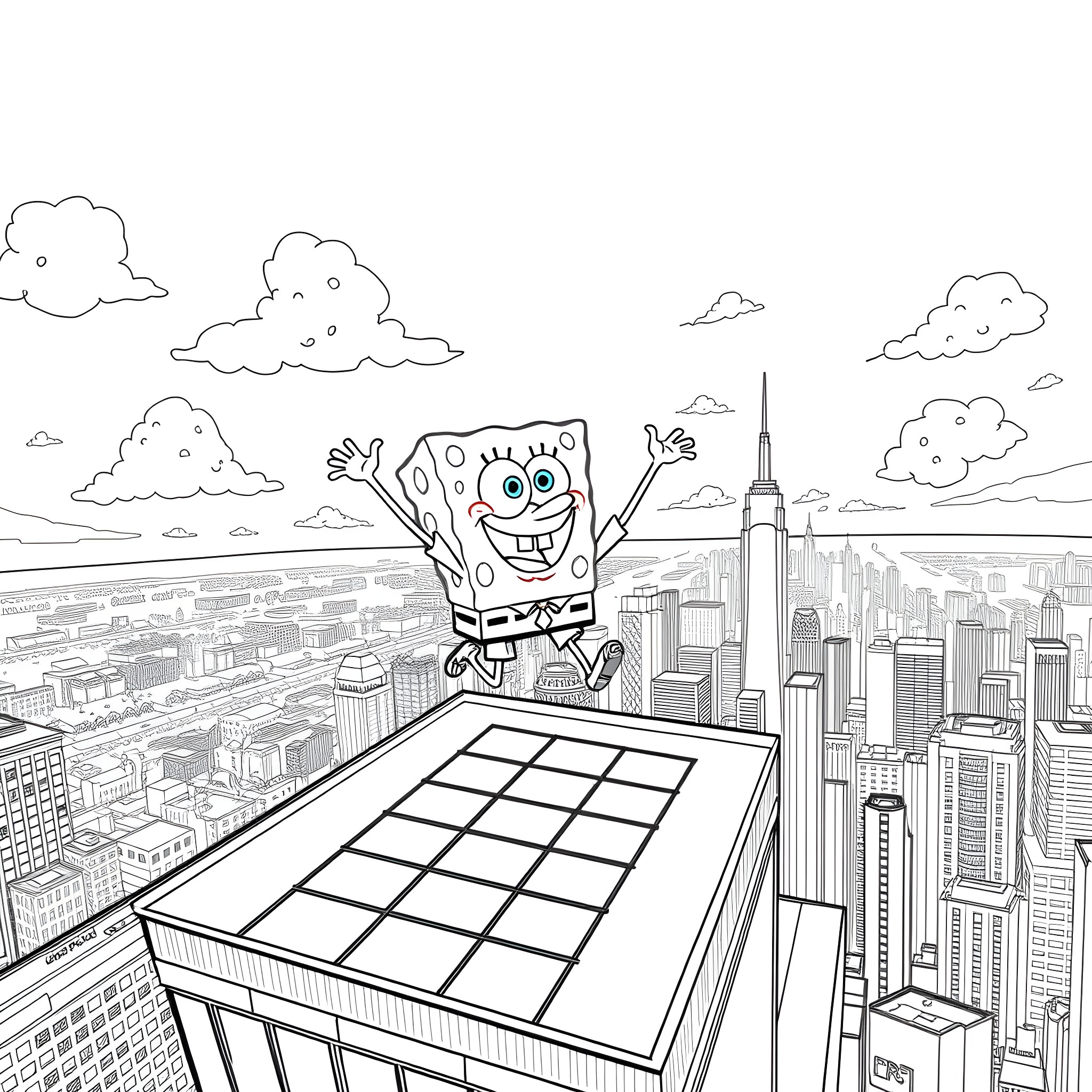 Spongebob jumping joyfully on the rooftop of a skyscraper Coloring Page (free black-and-white line drawing printable PDF for all, from beginners to advanced learners, including children, teens, adults, and seniors)