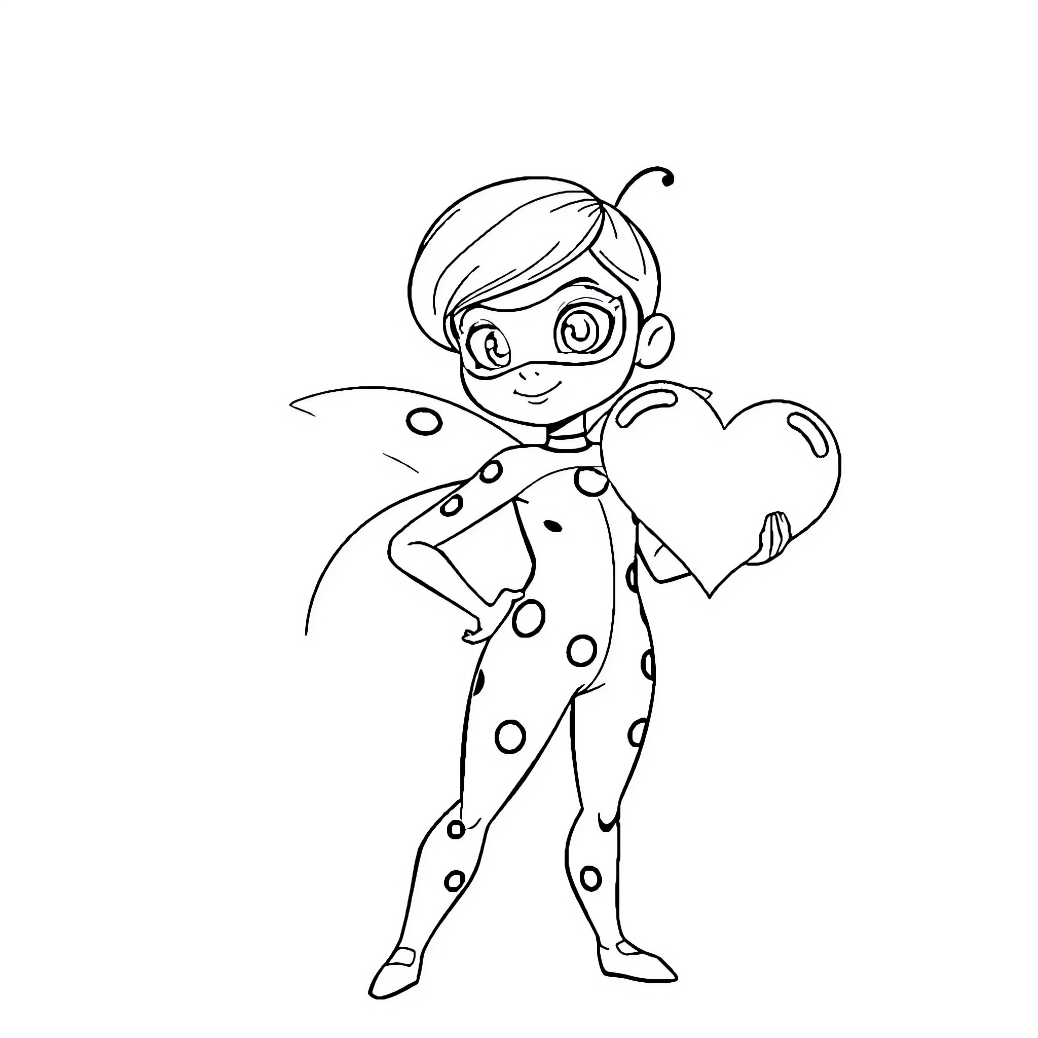 Ladybug-inspired child in whimsical costume Coloring Page (free black-and-white line drawing printable PDF for all, from beginners to advanced learners, including children, teens, adults, and seniors)