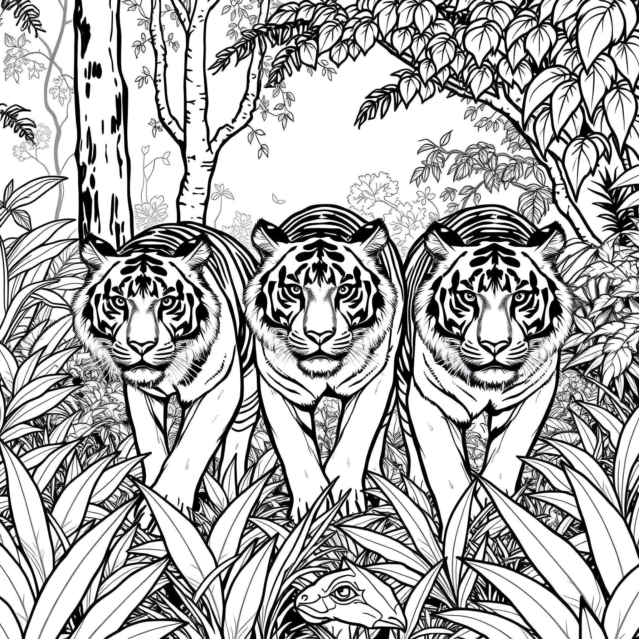 Tigers Roaming in the Lush Jungle Landscape Coloring Page (free black-and-white line drawing printable PDF for all, from beginners to advanced learners, including children, teens, adults, and seniors)
