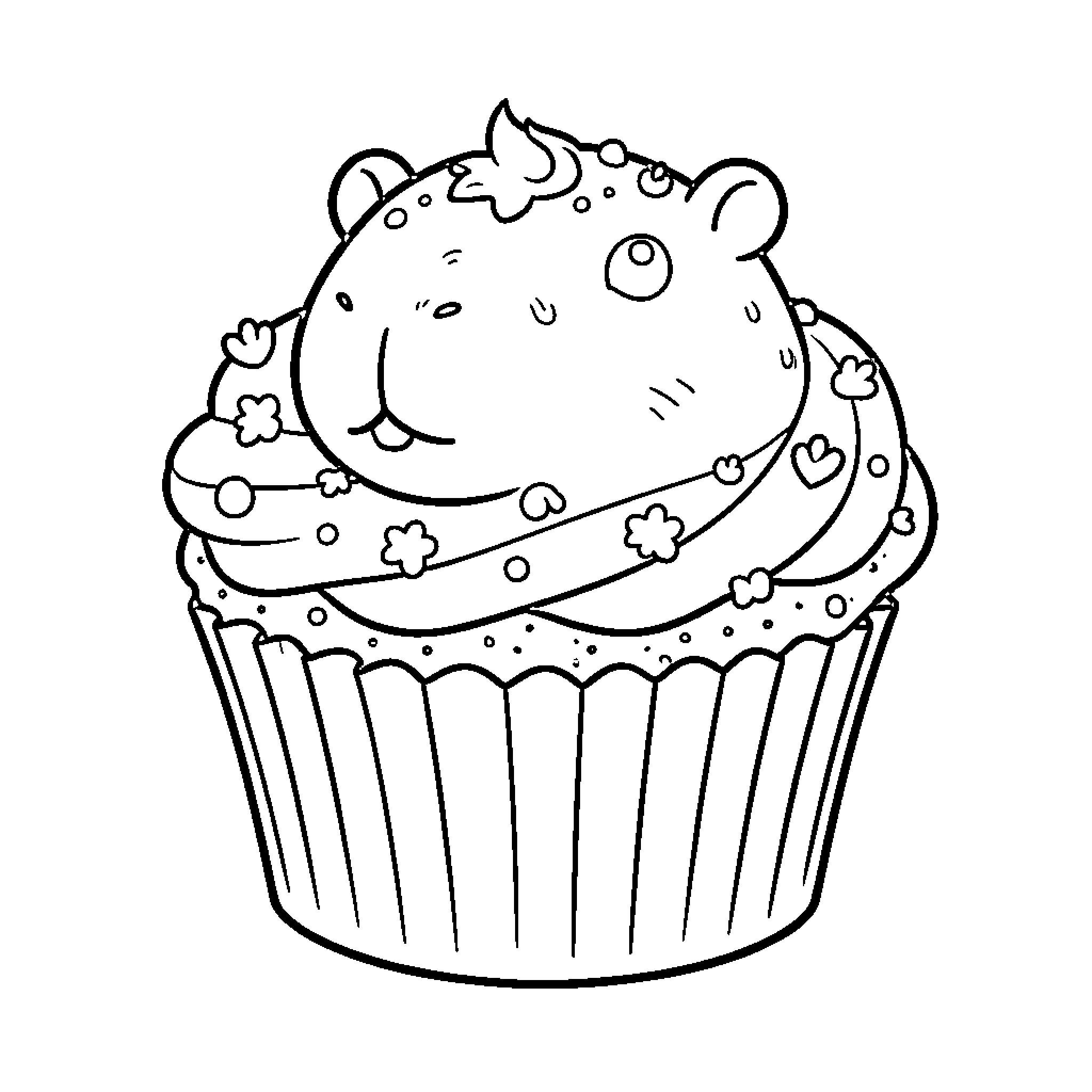 Capybara sitting atop a decorative cupcake Coloring Page (free black-and-white line drawing printable PDF for all, from beginners to advanced learners, including children, teens, adults, and seniors)