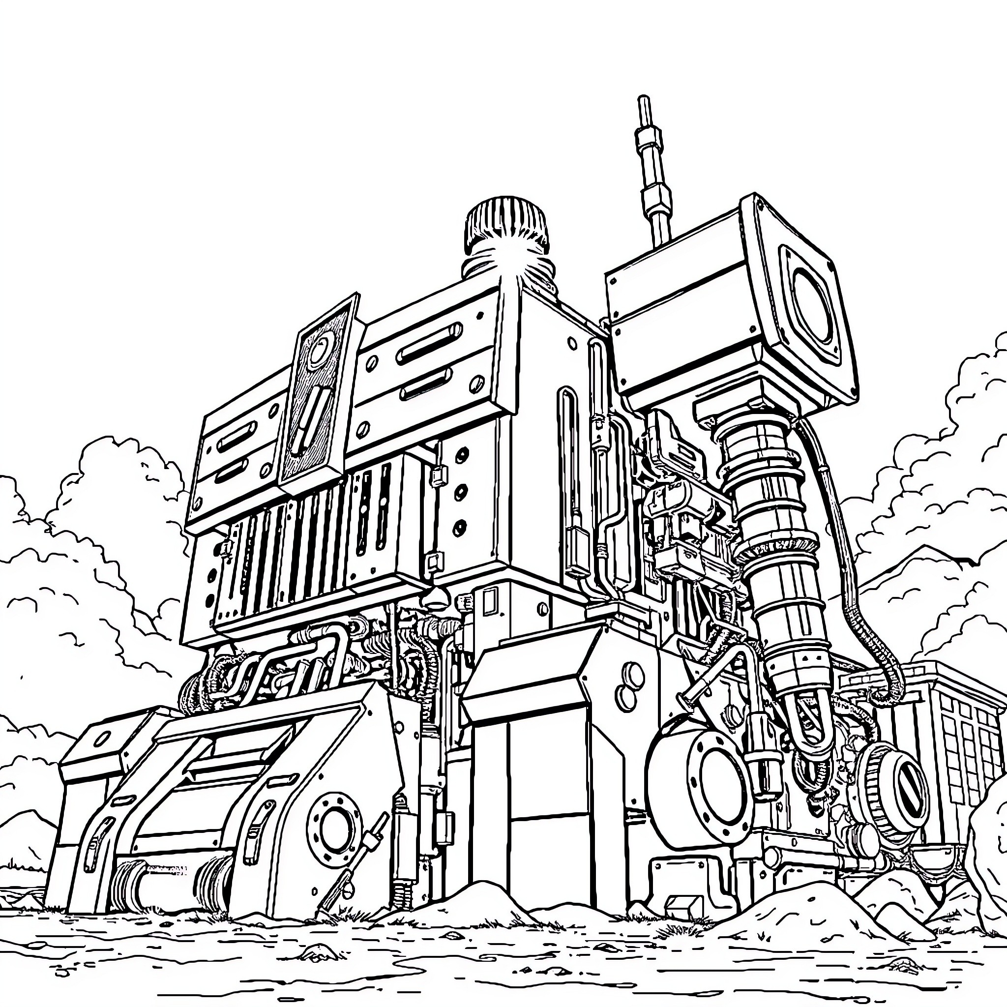 Titanic Futuristic Mechanical Apparatus in Landscape Coloring Page (free black-and-white line drawing printable PDF for all, from beginners to advanced learners, including children, teens, adults, and seniors)