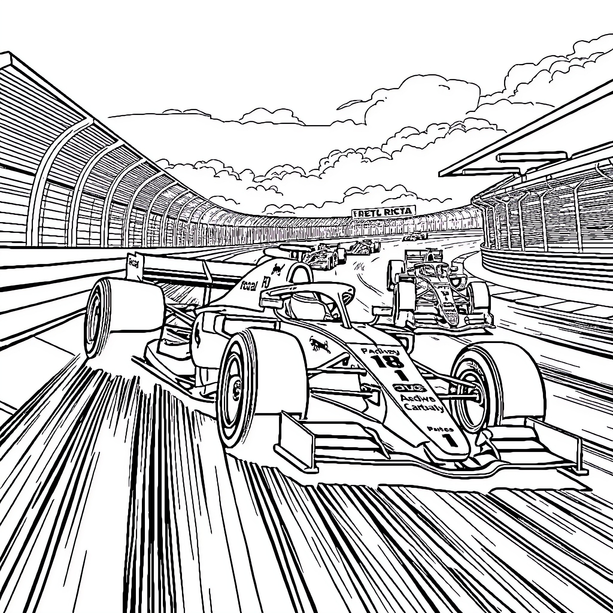 F1 Racing Cars Speeding on Track Coloring Page (free black-and-white line drawing printable PDF for all, from beginners to advanced learners, including children, teens, adults, and seniors)