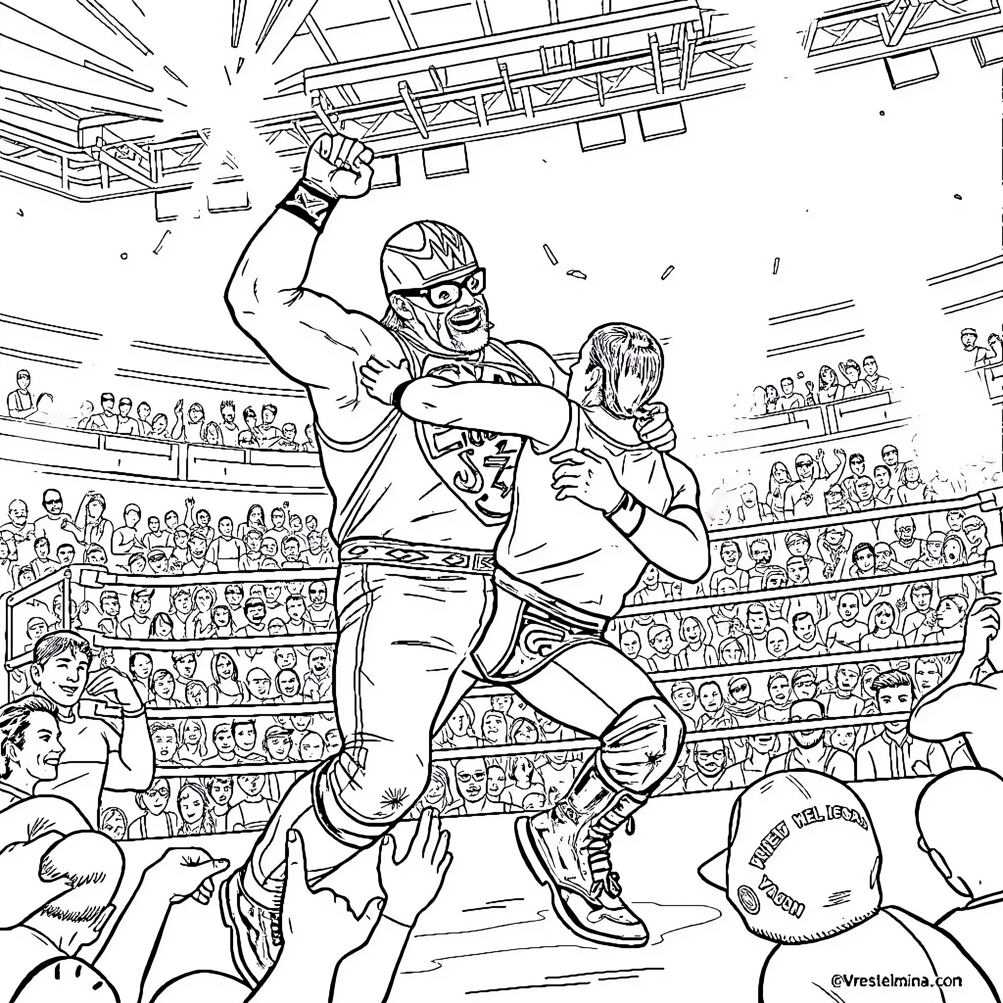 Hulk Hogan wrestling in a crowded arena Coloring Page (free black-and-white line drawing printable PDF for all, from beginners to advanced learners, including children, teens, adults, and seniors)