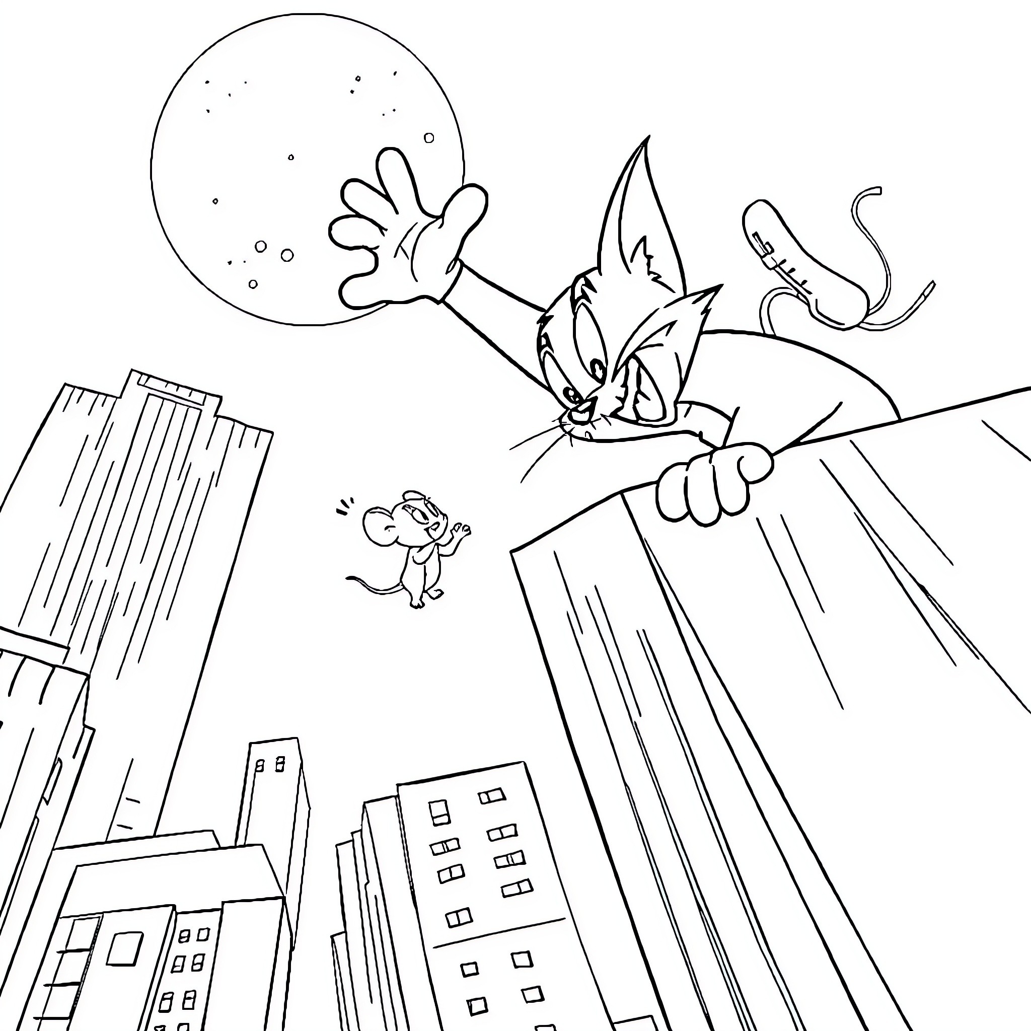 Tom's Nighttime Adventure in the City Coloring Page (free black-and-white line drawing printable PDF for all, from beginners to advanced learners, including children, teens, adults, and seniors)