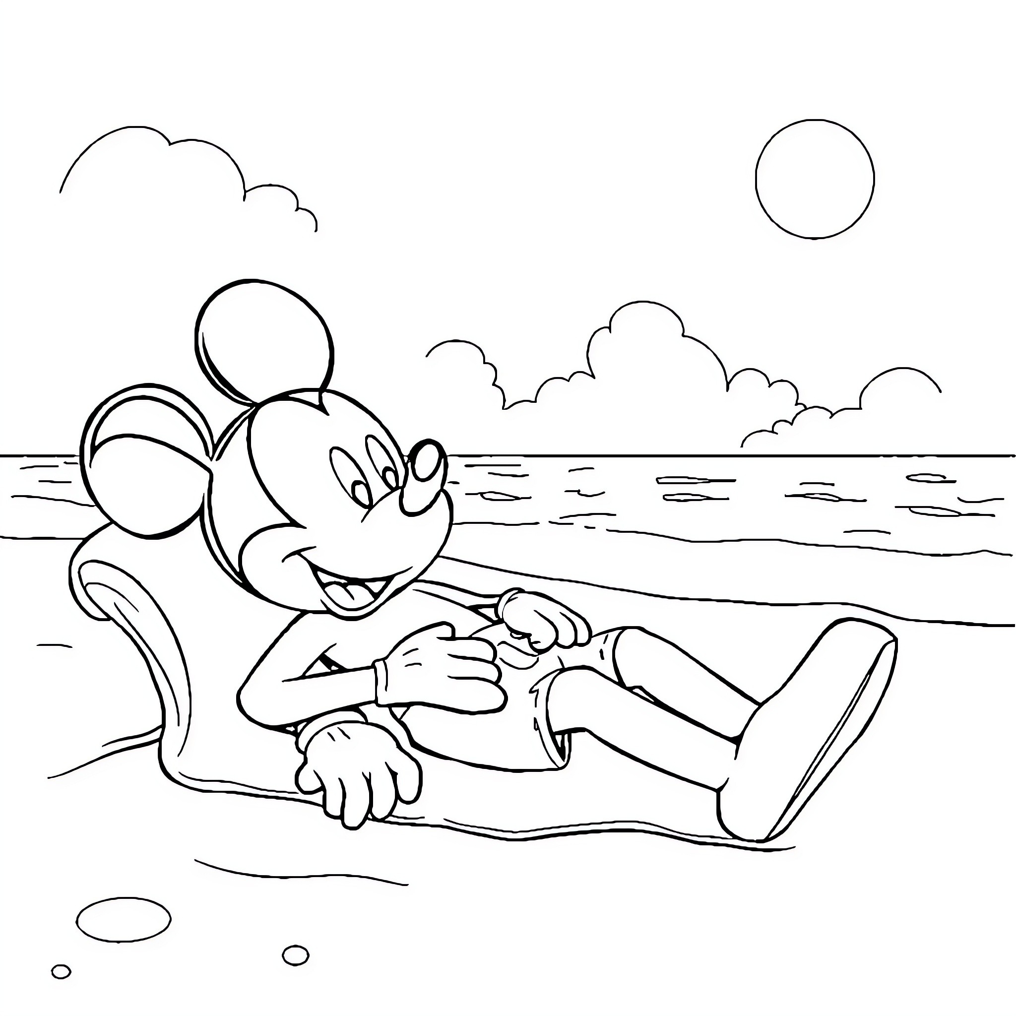 Mickey relaxing on the beach Coloring Page (free black-and-white line drawing printable PDF for all, from beginners to advanced learners, including children, teens, adults, and seniors)