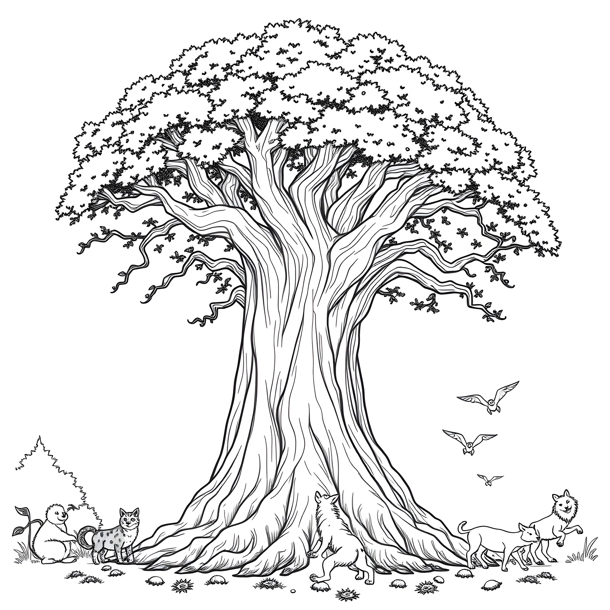 Tree with animals resting under its branches Coloring Page (free black-and-white line drawing printable PDF for all, from beginners to advanced learners, including children, teens, adults, and seniors)