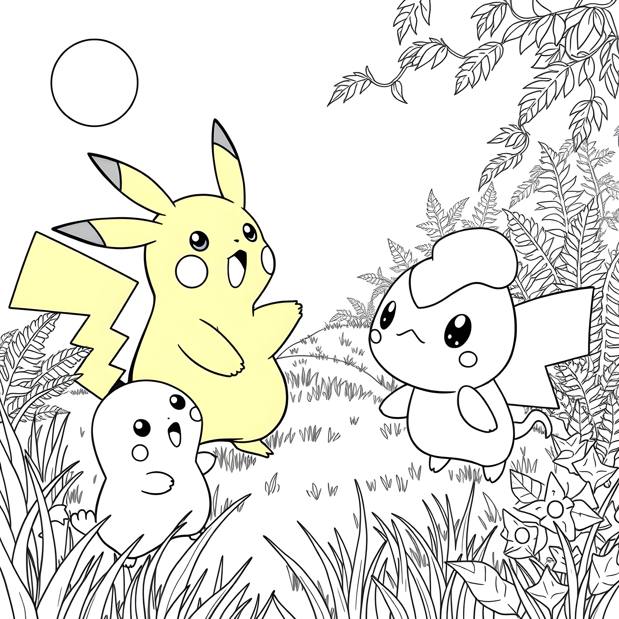 Pikachu and Pokémon friends exploring the forest Coloring Page (free black-and-white line drawing printable PDF for all, from beginners to advanced learners, including children, teens, adults, and seniors)