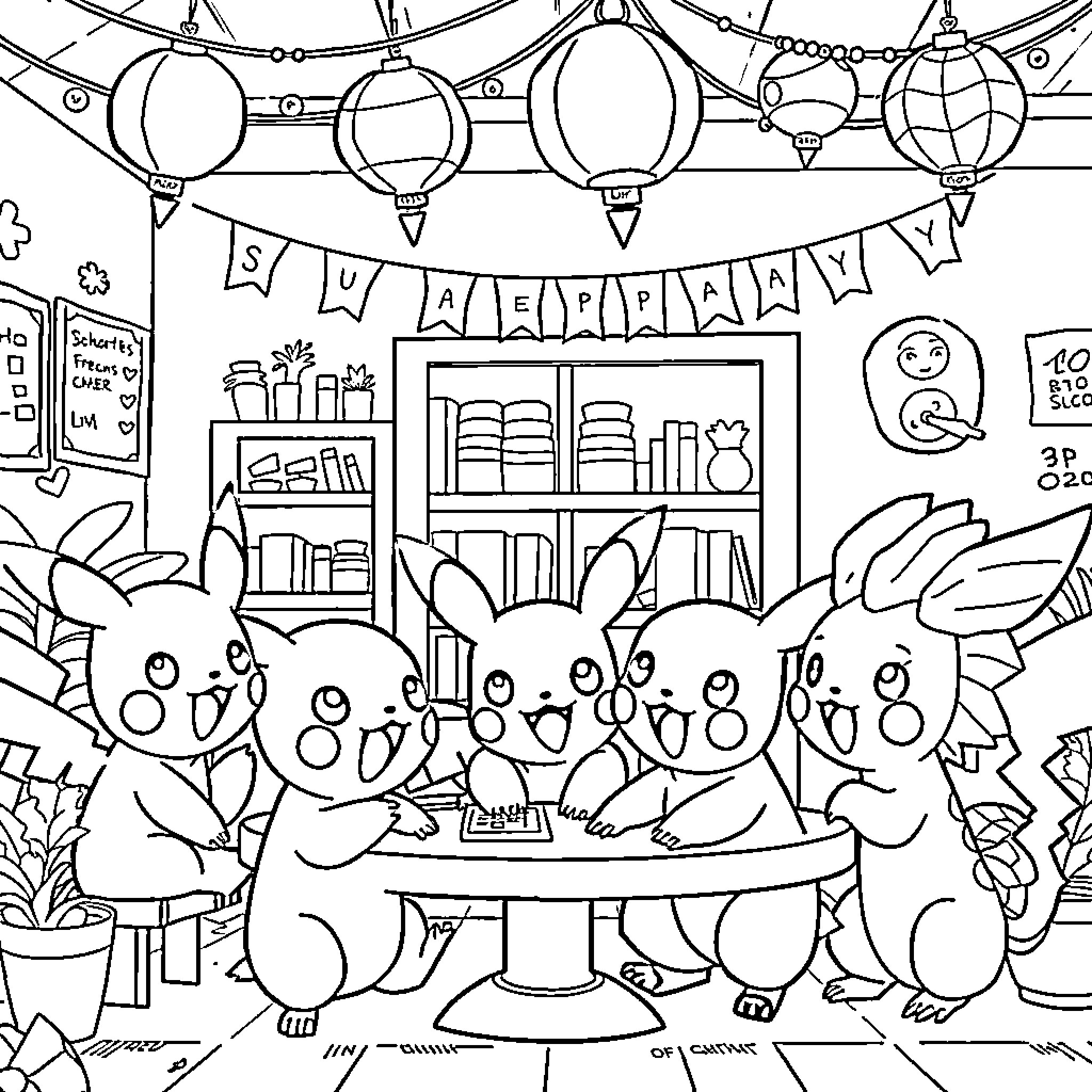 Pokémon enjoying a festive party Coloring Page (free black-and-white line drawing printable PDF for all, from beginners to advanced learners, including children, teens, adults, and seniors)