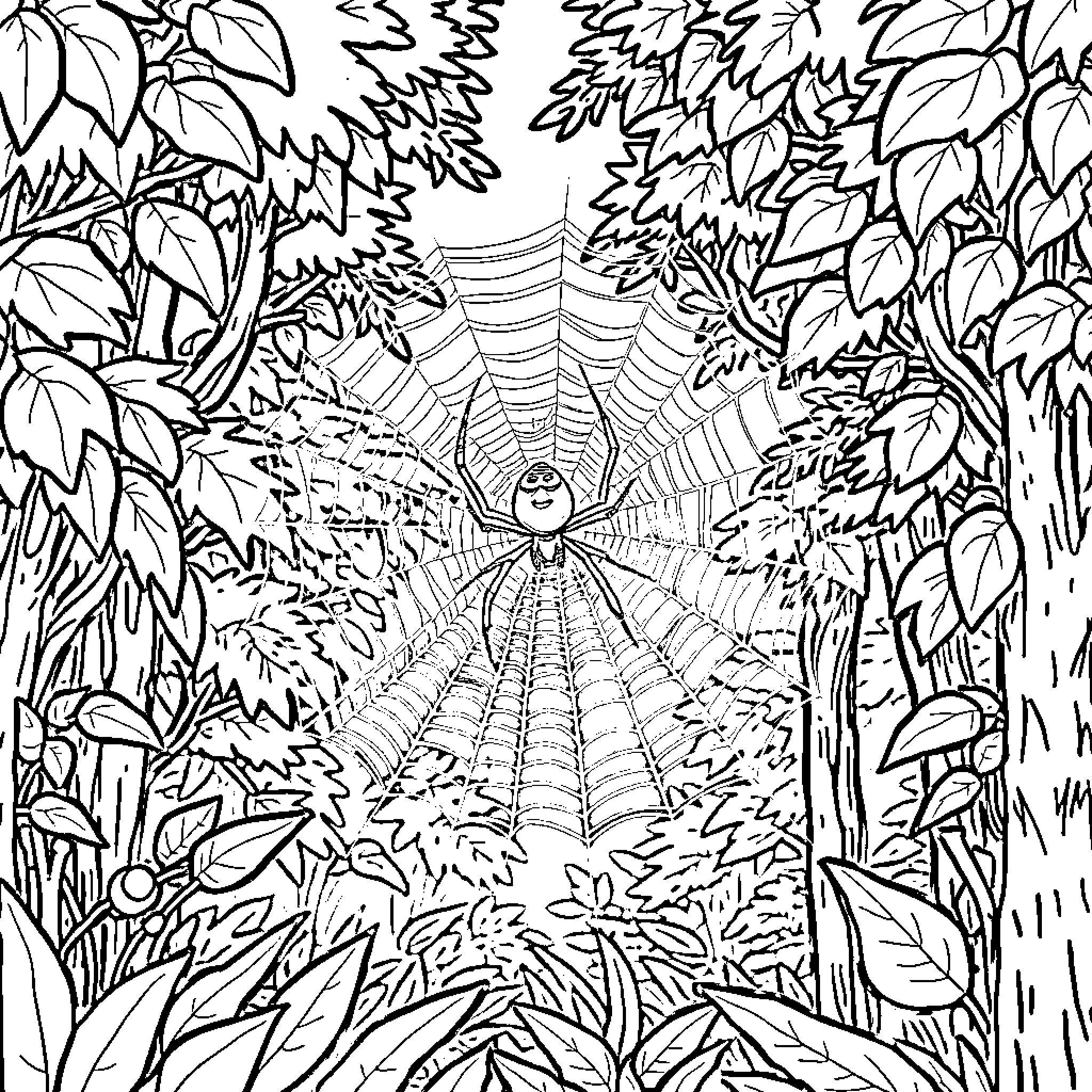 Spider weaving a web in the forest Coloring Page (free black-and-white line drawing printable PDF for all, from beginners to advanced learners, including children, teens, adults, and seniors)