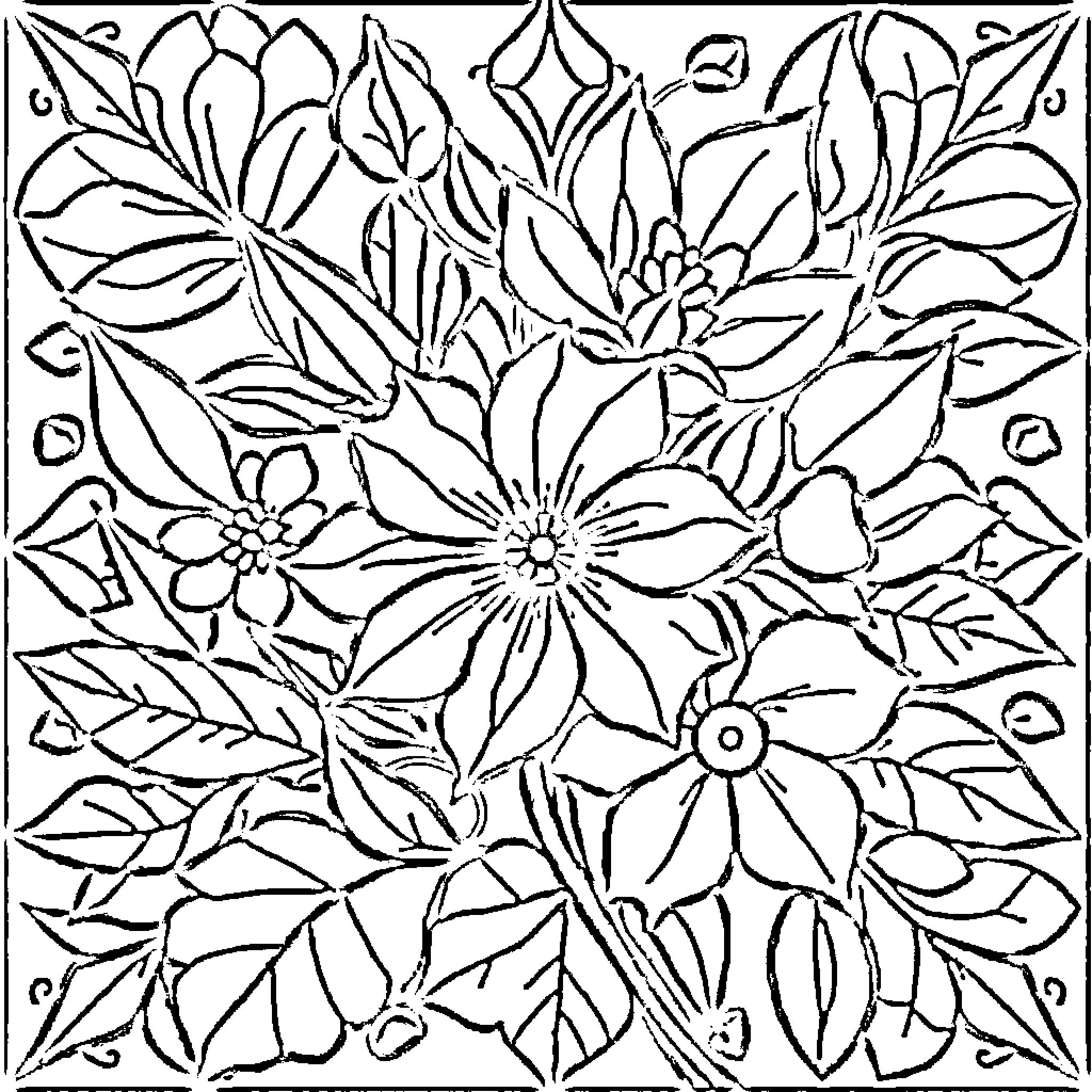 Floral abstract pattern with various flowers Coloring Page (free black-and-white line drawing printable PDF for all, from beginners to advanced learners, including children, teens, adults, and seniors)