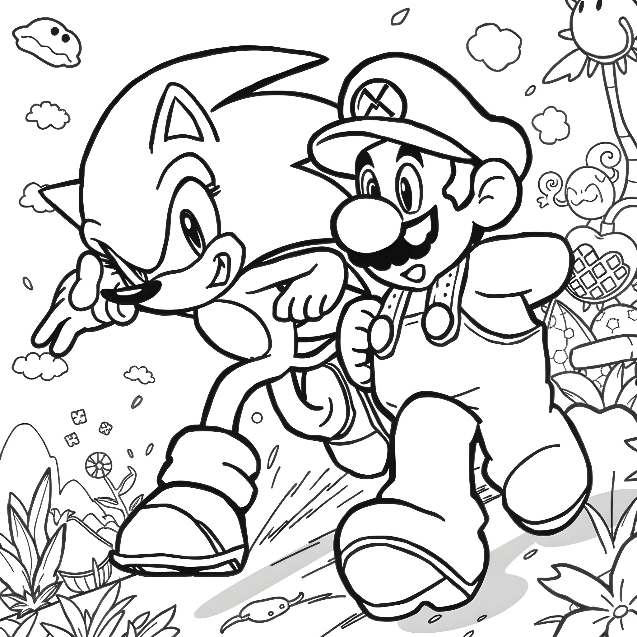 Sonic and Mario on an Adventure Coloring Page (free black-and-white line drawing printable PDF for all, from beginners to advanced learners, including children, teens, adults, and seniors)