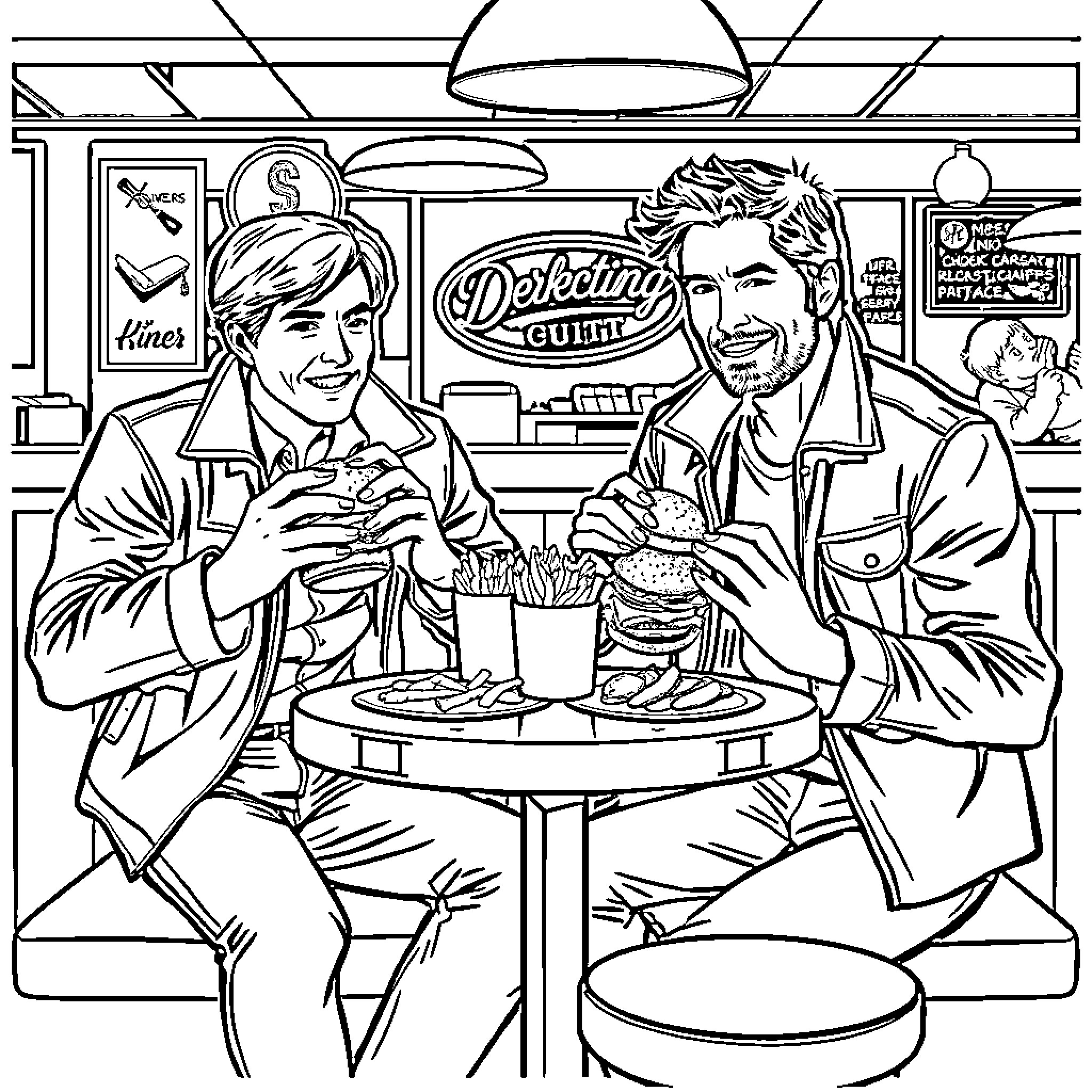 Winchester Couple Dining at Retro Diner Coloring Page (free black-and-white line drawing printable PDF for all, from beginners to advanced learners, including children, teens, adults, and seniors)