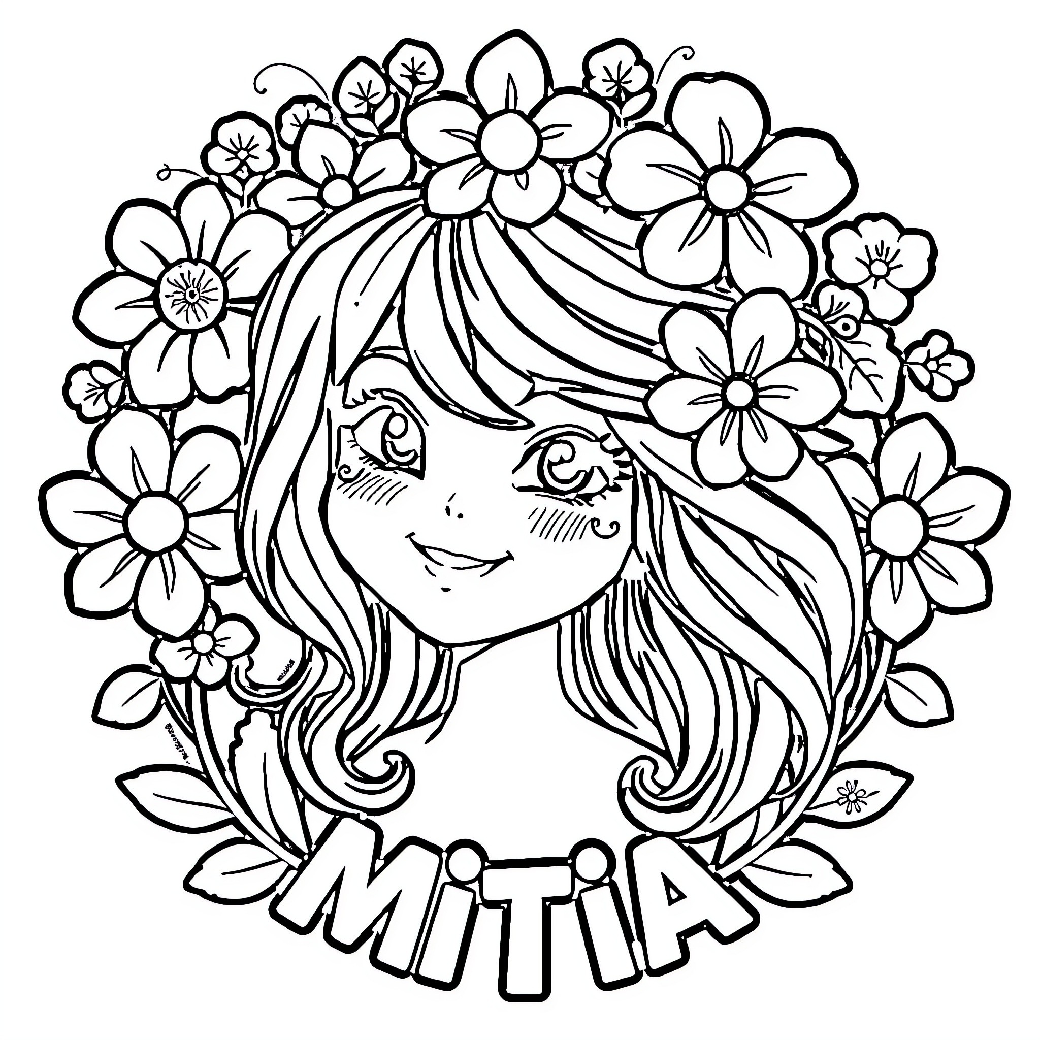 Girl with Floral Wreath and Name Coloring Page (free black-and-white line drawing printable PDF for all, from beginners to advanced learners, including children, teens, adults, and seniors)