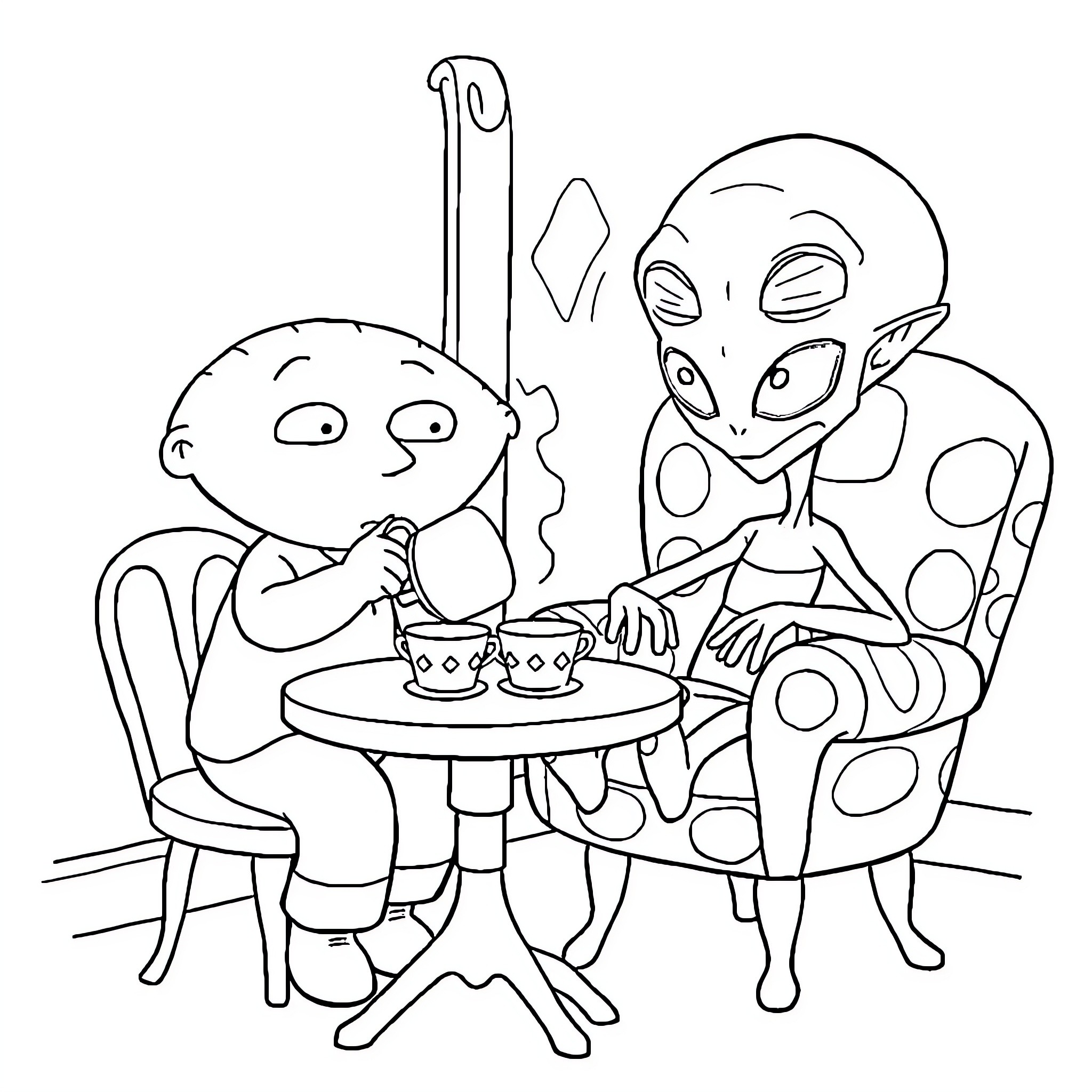 Stewie and Alien Enjoying a Meal Together Coloring Page (free black-and-white line drawing printable PDF for all, from beginners to advanced learners, including children, teens, adults, and seniors)