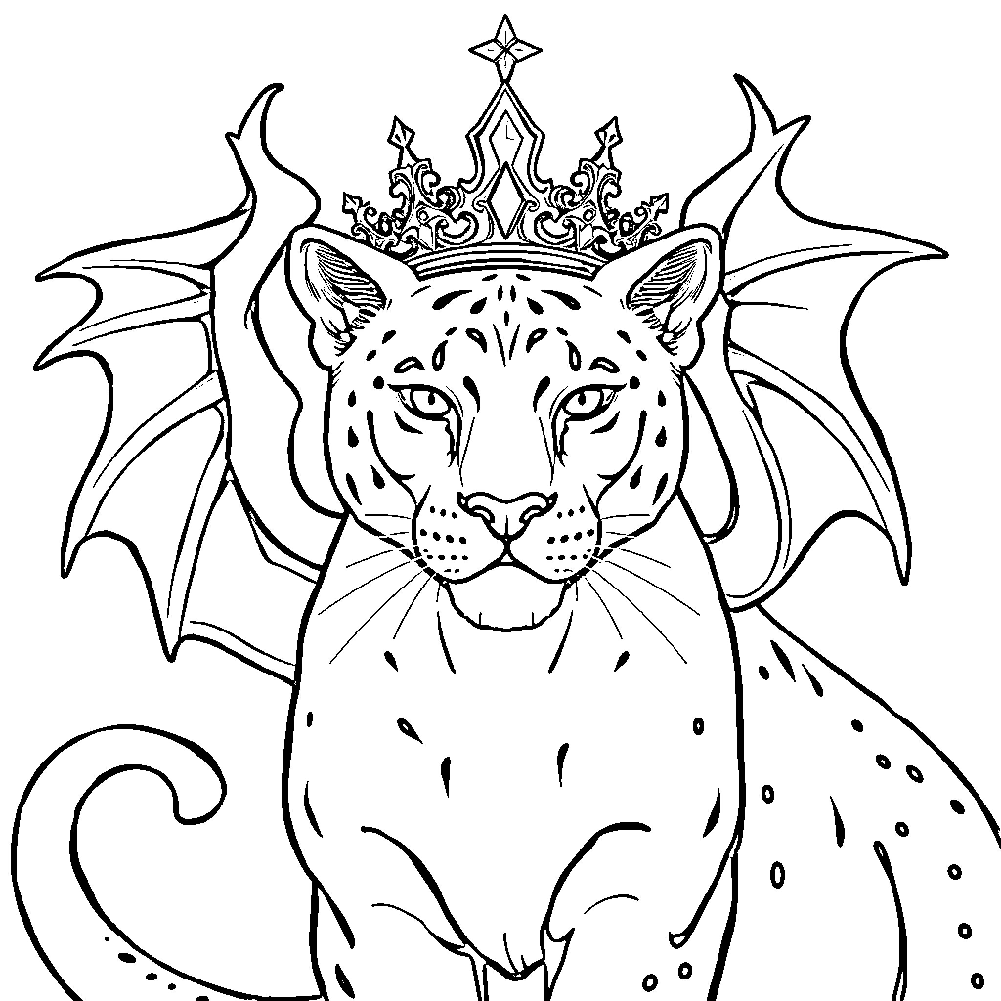 Panther with Regal Crown and Bat-like Wings Coloring Page (free black-and-white line drawing printable PDF for all, from beginners to advanced learners, including children, teens, adults, and seniors)