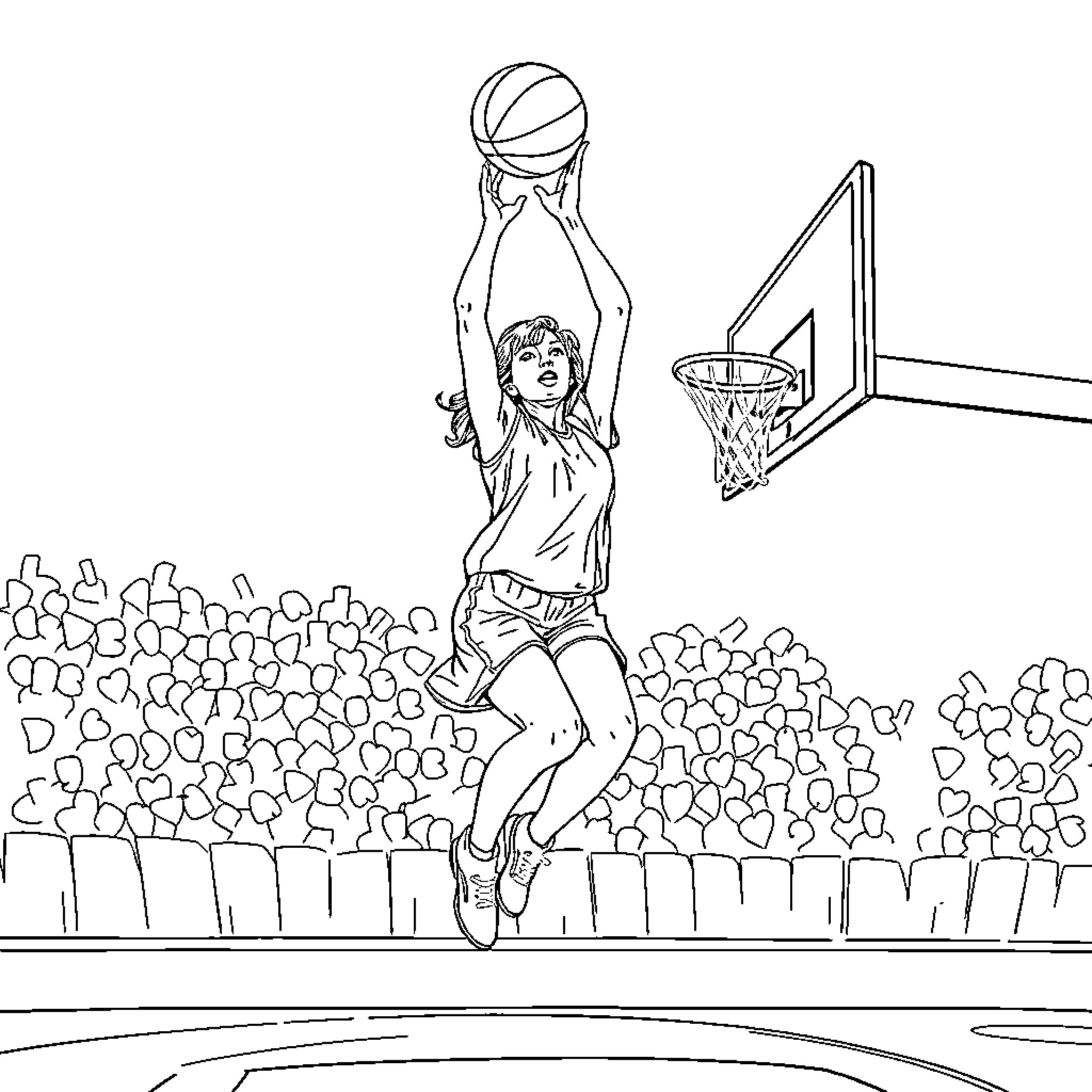 Taylor Swift Shoots Hoop on Basketball Court Coloring Page (free black-and-white line drawing printable PDF for all, from beginners to advanced learners, including children, teens, adults, and seniors)