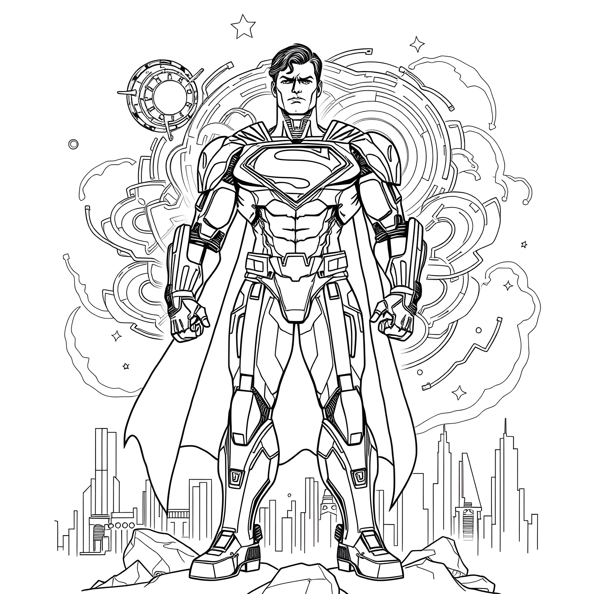 Cyborg Superman saving the city from destruction Coloring Page (free black-and-white line drawing printable PDF for all, from beginners to advanced learners, including children, teens, adults, and seniors)