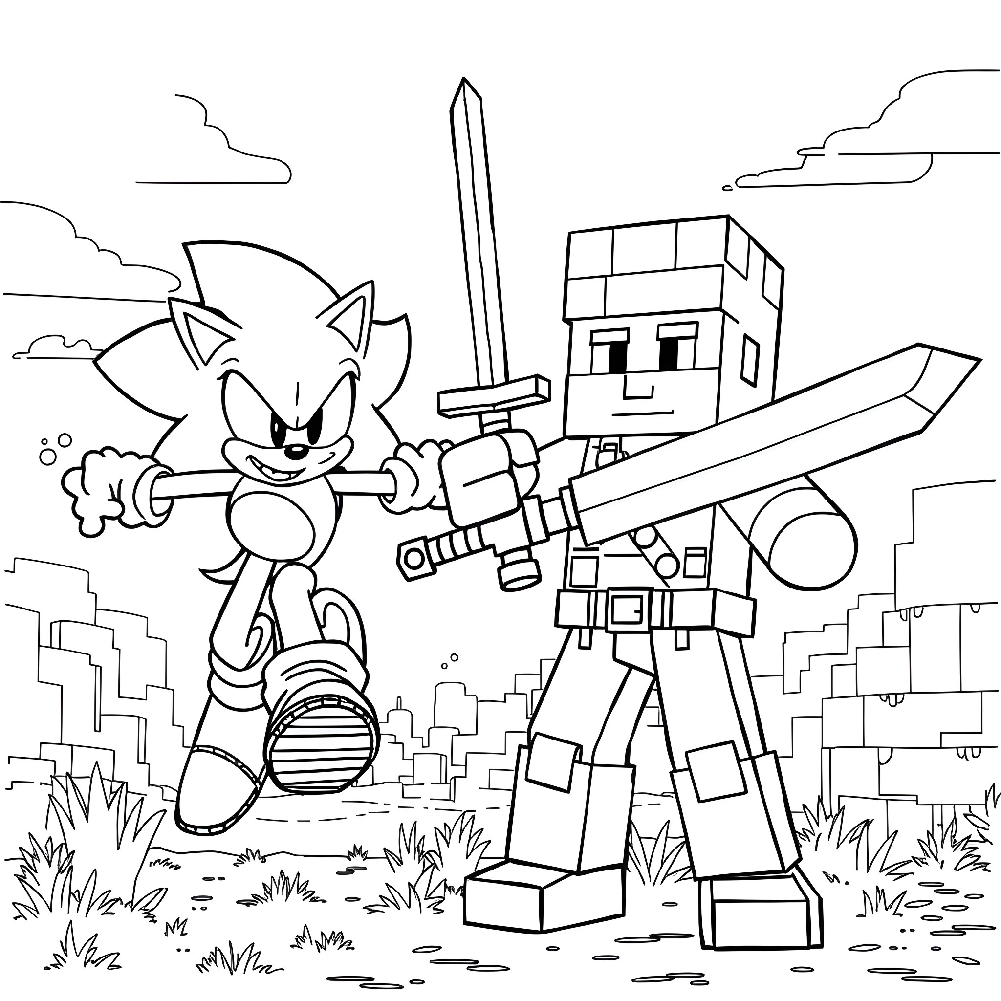 Sonic and Minecraft character fighting in a field Coloring Page (free black-and-white line drawing printable PDF for all, from beginners to advanced learners, including children, teens, adults, and seniors)