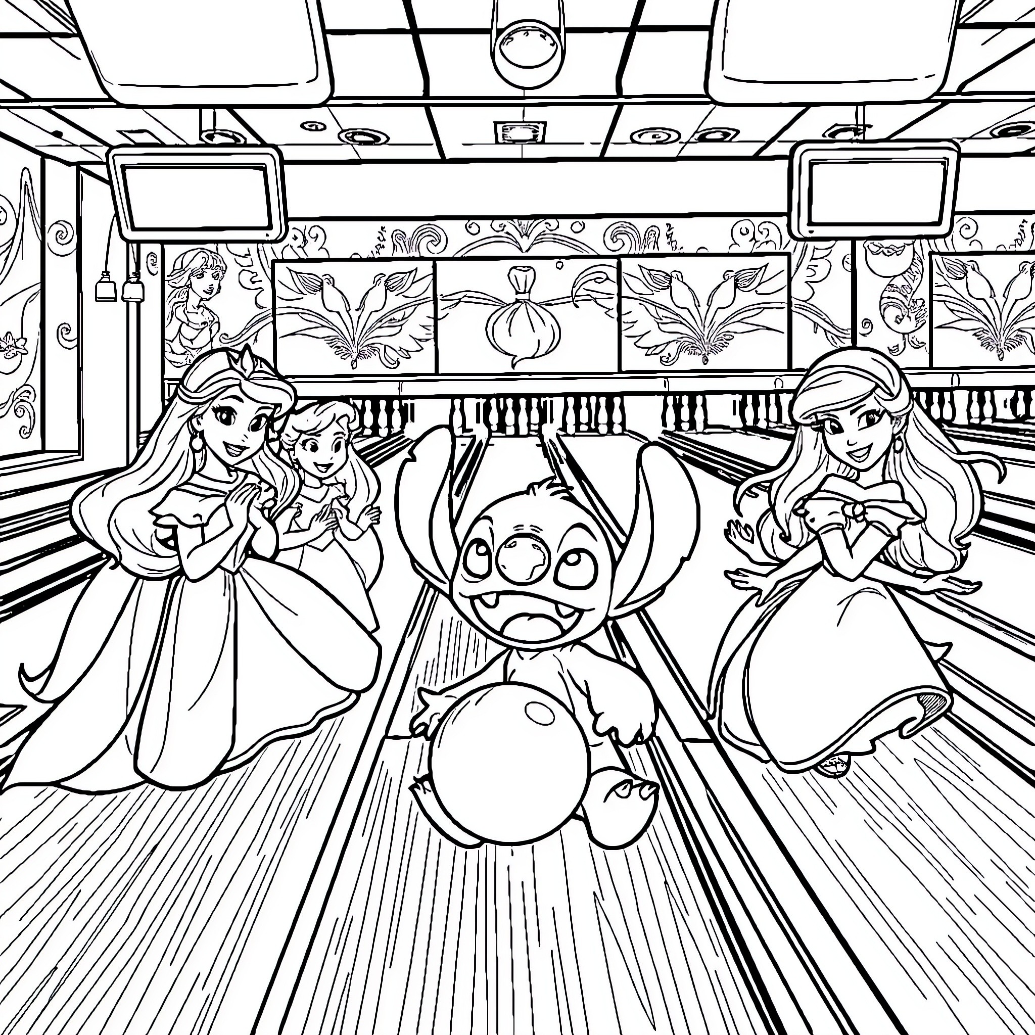 Disney Princess Stitch causing mischief in the castle Coloring Page (free black-and-white line drawing printable PDF for all, from beginners to advanced learners, including children, teens, adults, and seniors)