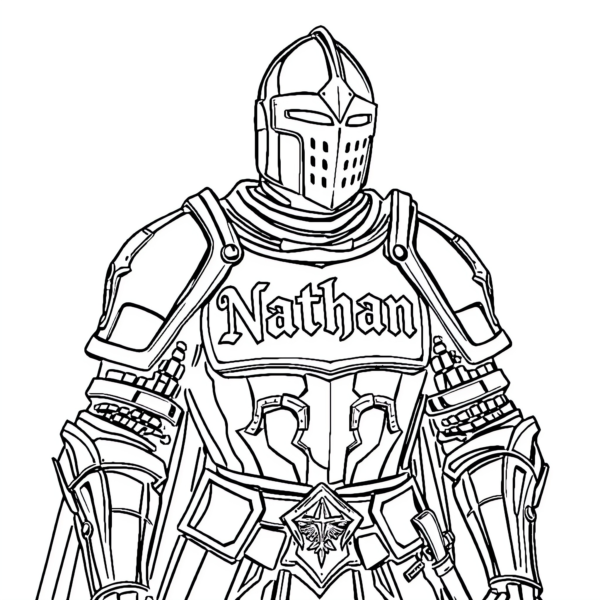 Chevalier Nathan in Armored Attire Coloring Page (free black-and-white line drawing printable PDF for all, from beginners to advanced learners, including children, teens, adults, and seniors)