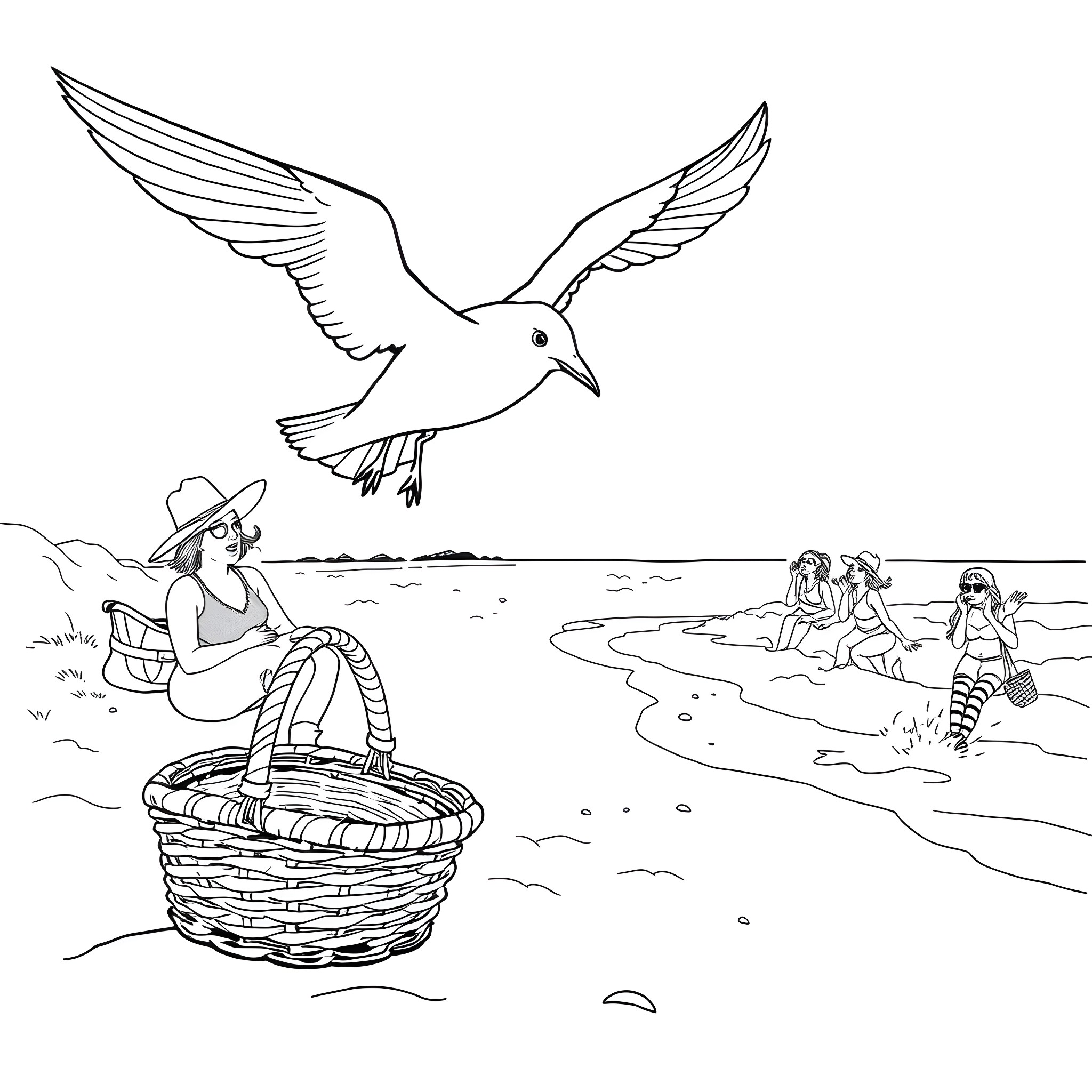 Seagull soaring over beachgoers in summer attire Coloring Page (free black-and-white line drawing printable PDF for all, from beginners to advanced learners, including children, teens, adults, and seniors)