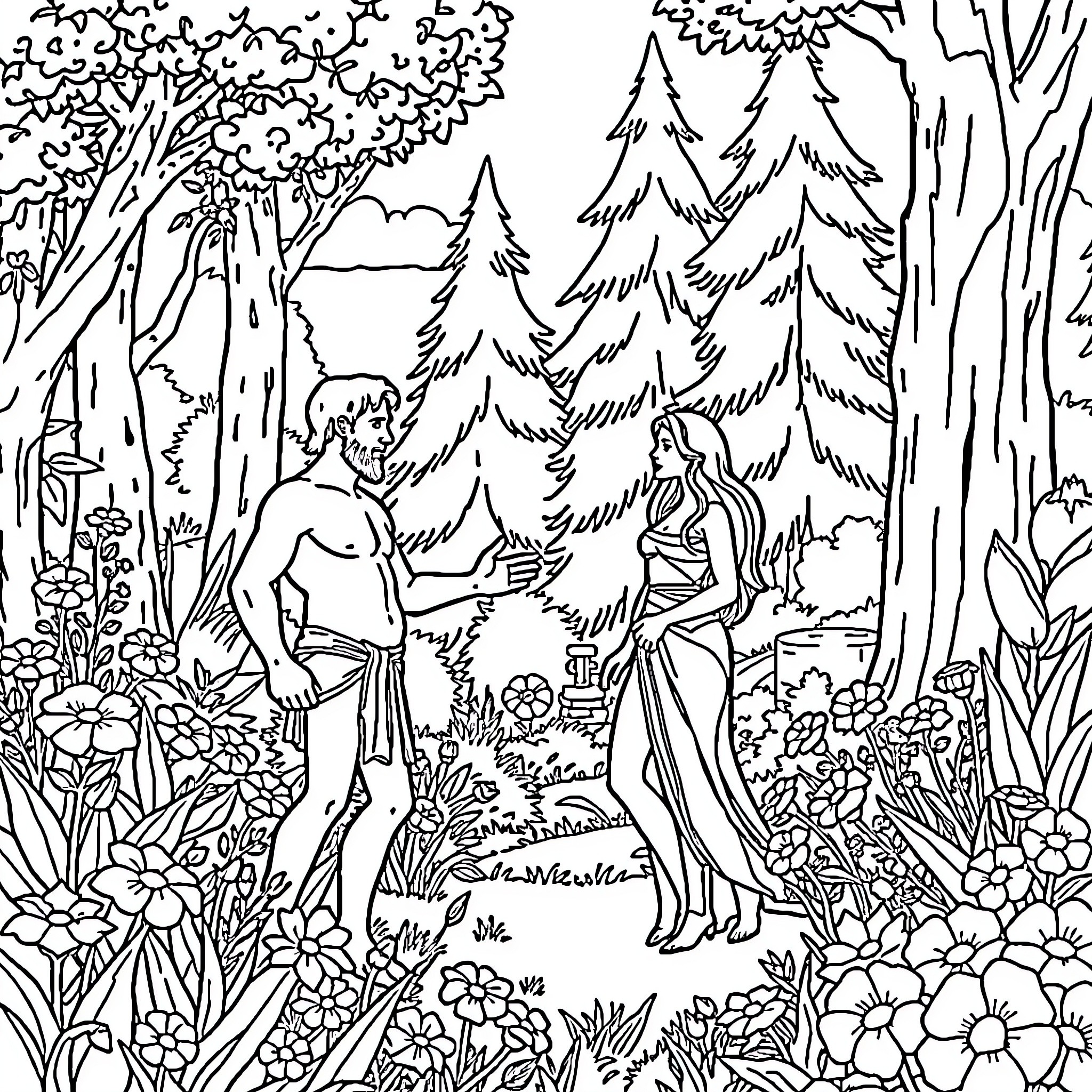 Adam and Eve in the Garden of Eden Coloring Page (free black-and-white line drawing printable PDF for all, from beginners to advanced learners, including children, teens, adults, and seniors)