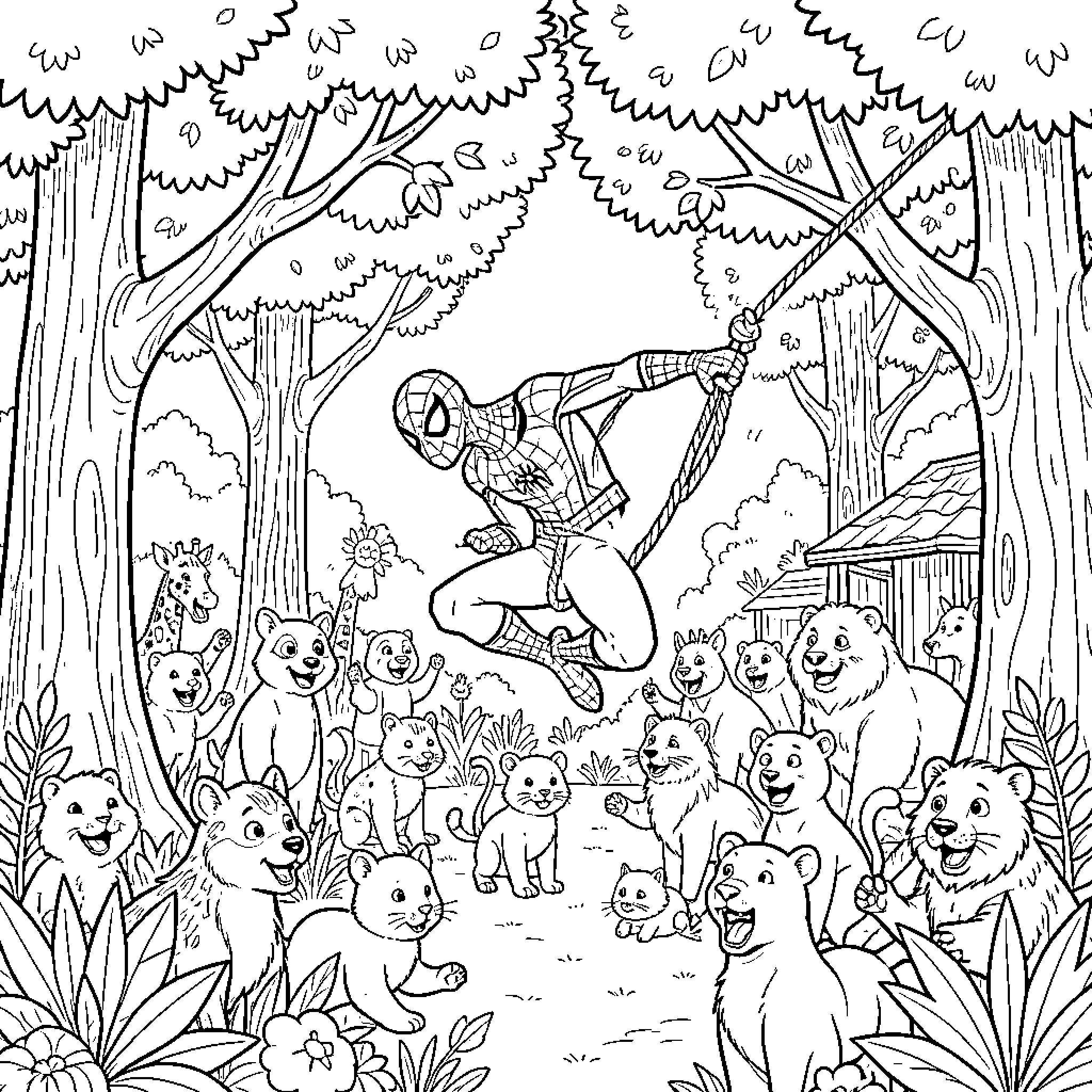 Spiderman swinging through a forest with woodland animals Coloring Page (free black-and-white line drawing printable PDF for all, from beginners to advanced learners, including children, teens, adults, and seniors)