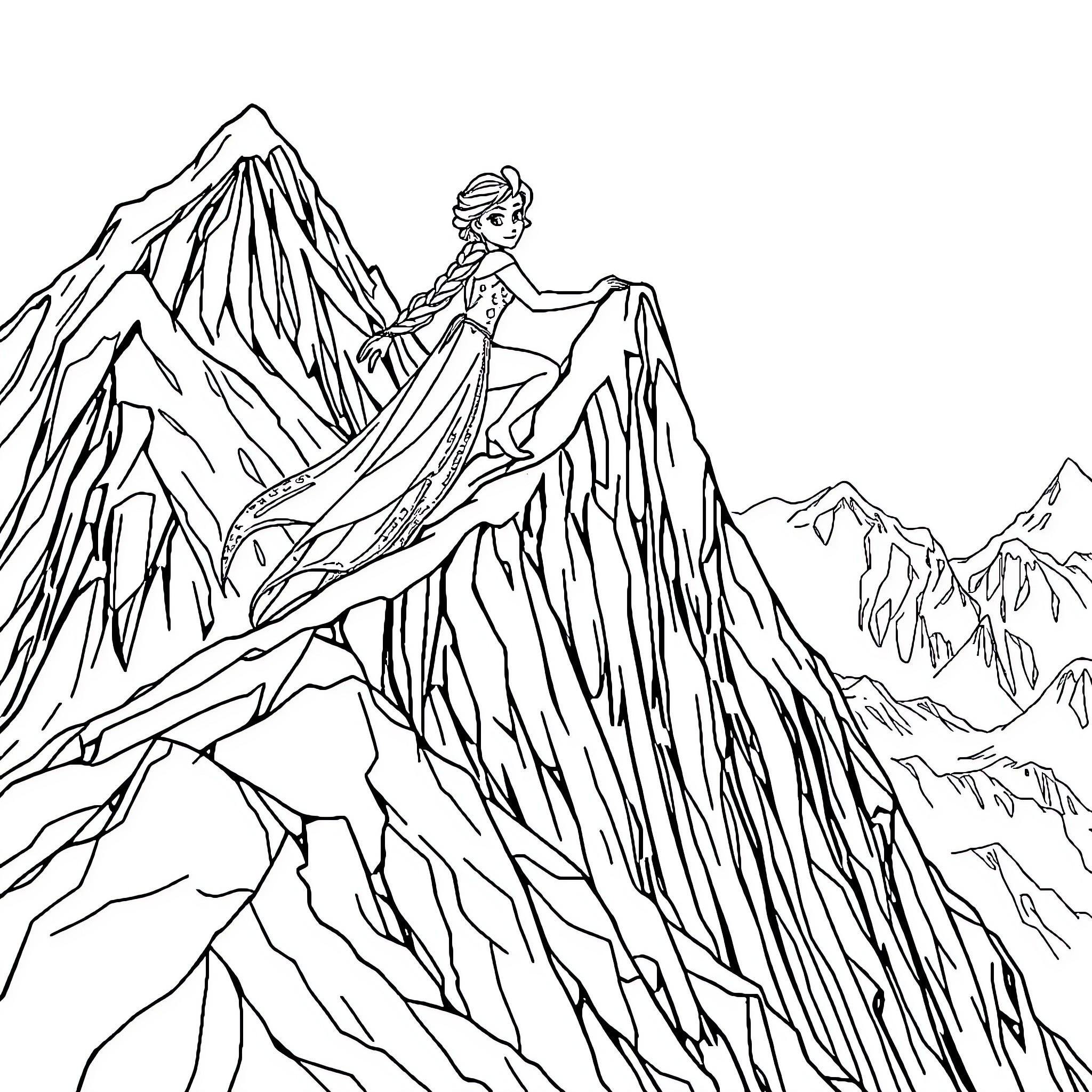 Elsa's Icy Adventure in the Mountains Coloring Page (free black-and-white line drawing printable PDF for all, from beginners to advanced learners, including children, teens, adults, and seniors)