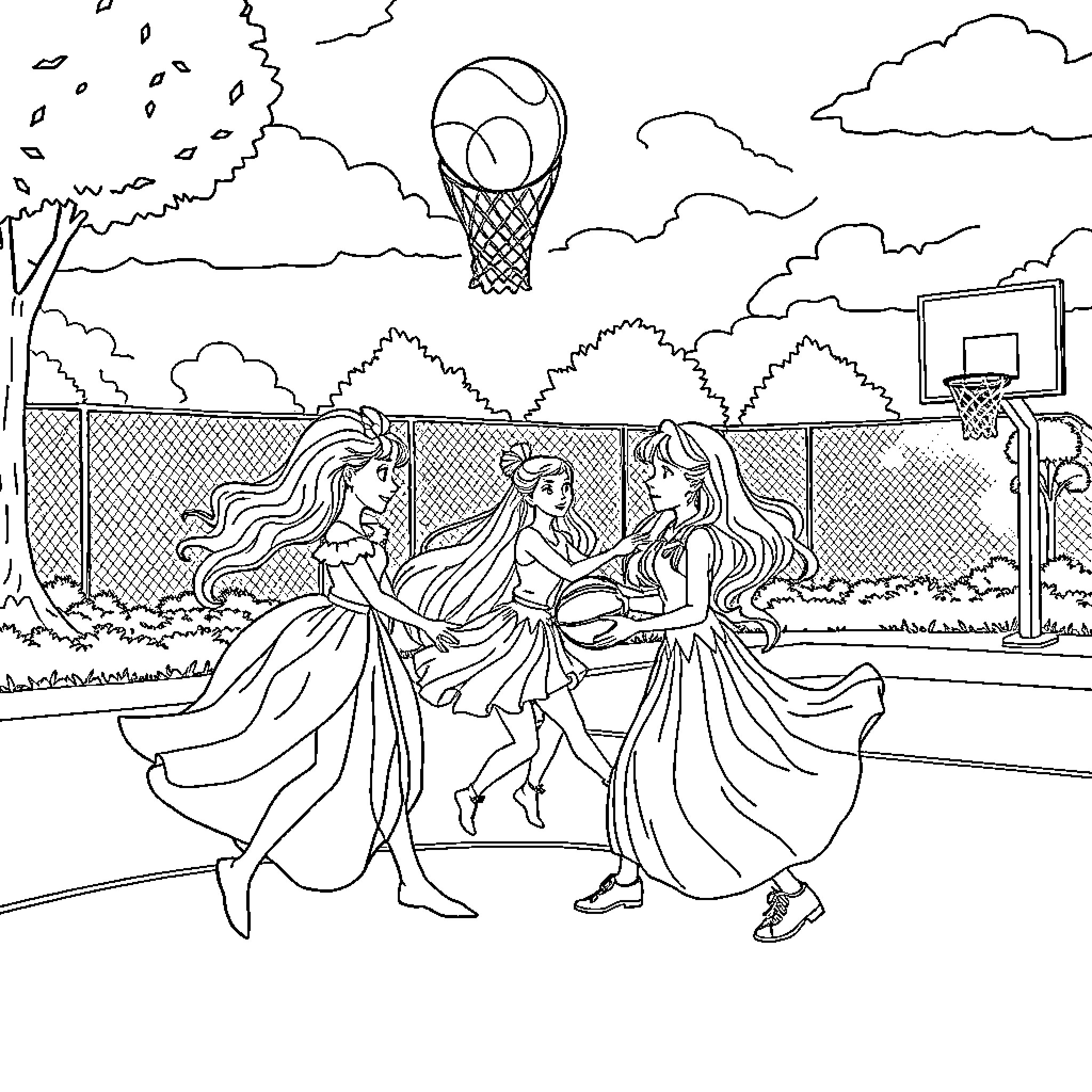 Princess Dancers Enjoying Outdoor Basketball Court Coloring Page (free black-and-white line drawing printable PDF for all, from beginners to advanced learners, including children, teens, adults, and seniors)