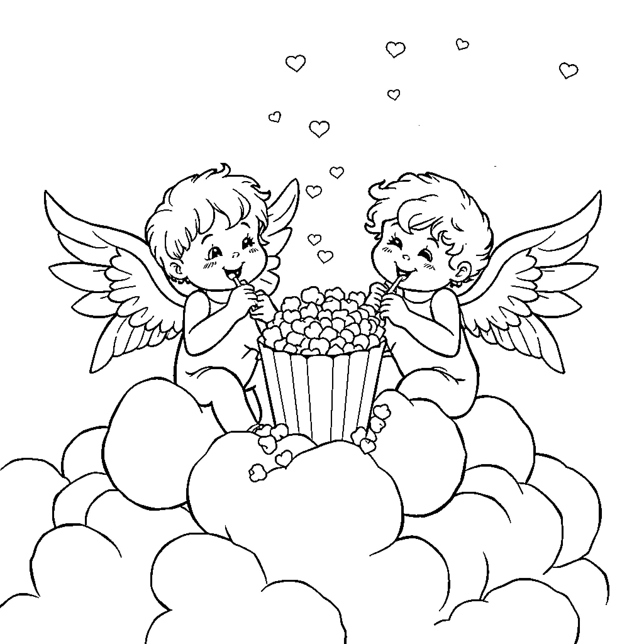 Angel Cherubs Sharing Heavenly Treats Coloring Page (free black-and-white line drawing printable PDF for all, from beginners to advanced learners, including children, teens, adults, and seniors)