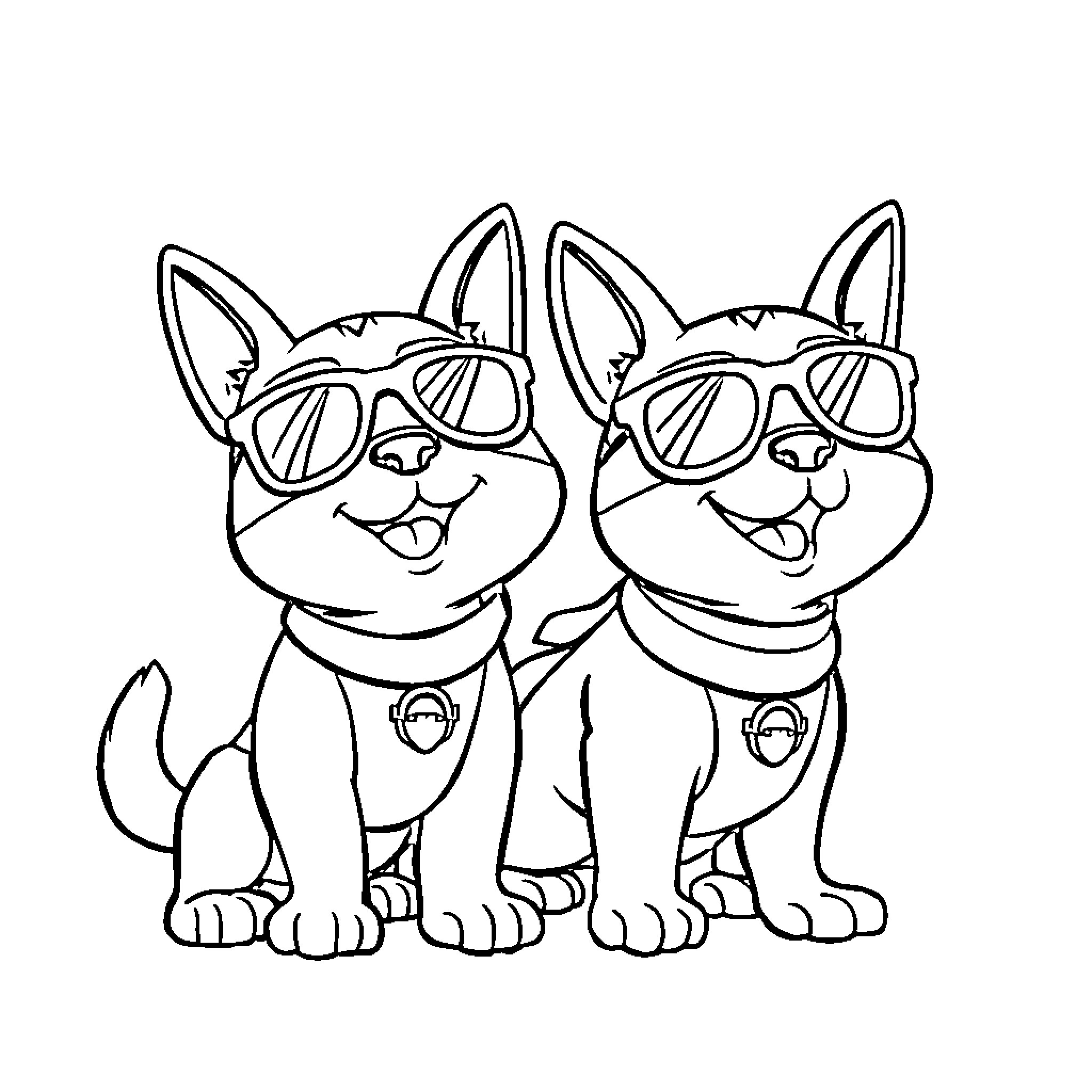 Pat Patrouille's Adventurous Duo in Sunglasses Coloring Page (free black-and-white line drawing printable PDF for all, from beginners to advanced learners, including children, teens, adults, and seniors)