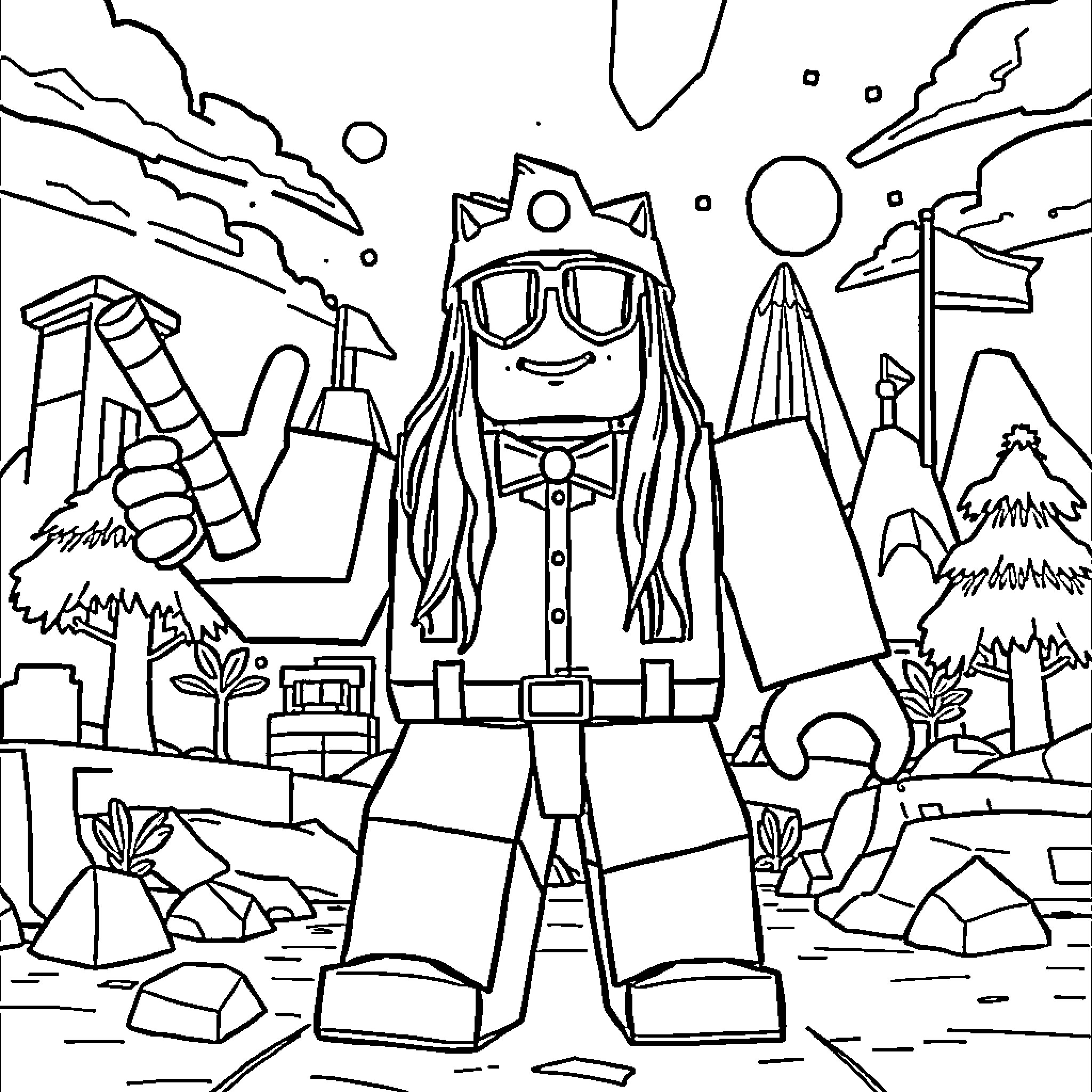 Roblox Character Exploring an Outdoor Adventure Coloring Page (free black-and-white line drawing printable PDF for all, from beginners to advanced learners, including children, teens, adults, and seniors)
