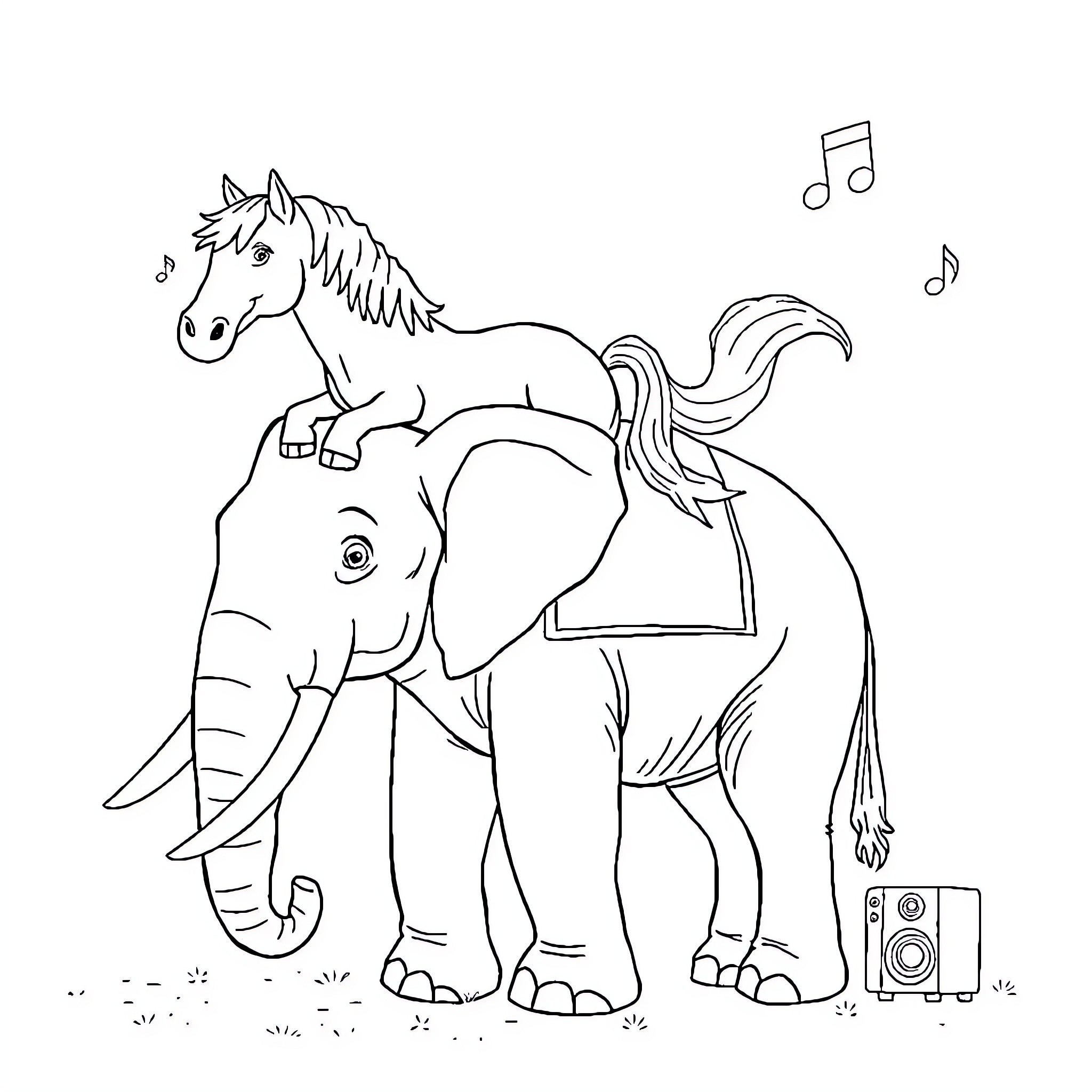 Horse playing with musical instruments on the grass Coloring Page (free black-and-white line drawing printable PDF for all, from beginners to advanced learners, including children, teens, adults, and seniors)