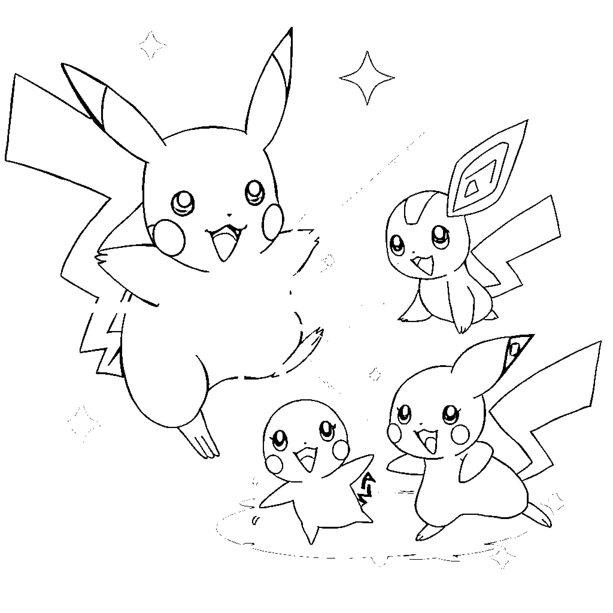 Pokémon Cheerful Characters Gathering Coloring Page (free black-and-white line drawing printable PDF for all, from beginners to advanced learners, including children, teens, adults, and seniors)