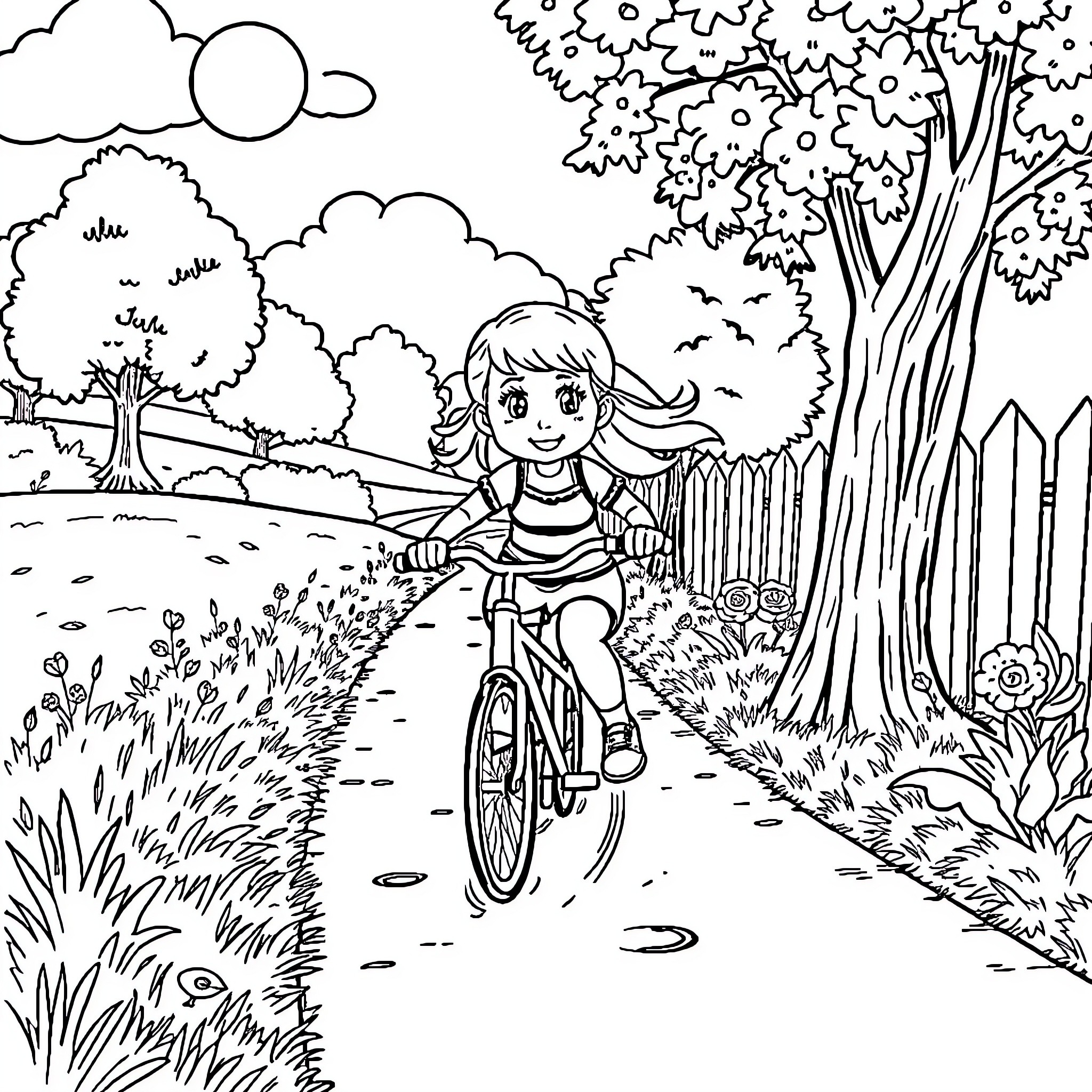 Gabby's Joyful Bicycle Ride Through Nature Coloring Page (free black-and-white line drawing printable PDF for all, from beginners to advanced learners, including children, teens, adults, and seniors)