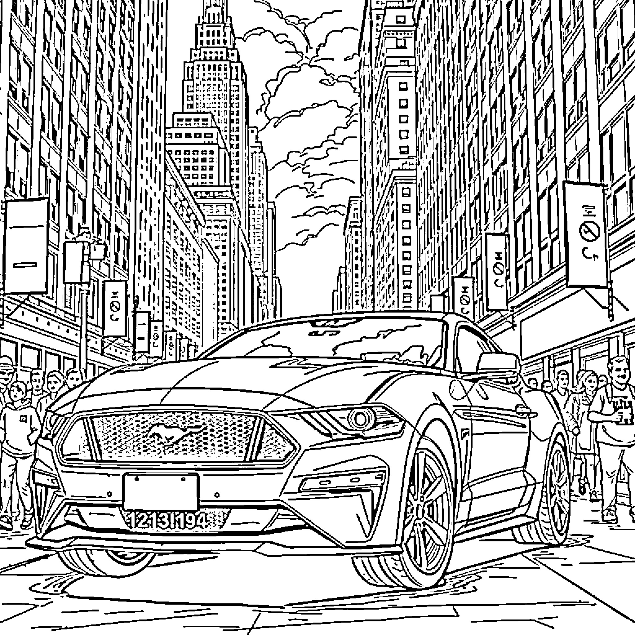 Mustang sports car in busy city street Coloring Page (free black-and-white line drawing printable PDF for all, from beginners to advanced learners, including children, teens, adults, and seniors)