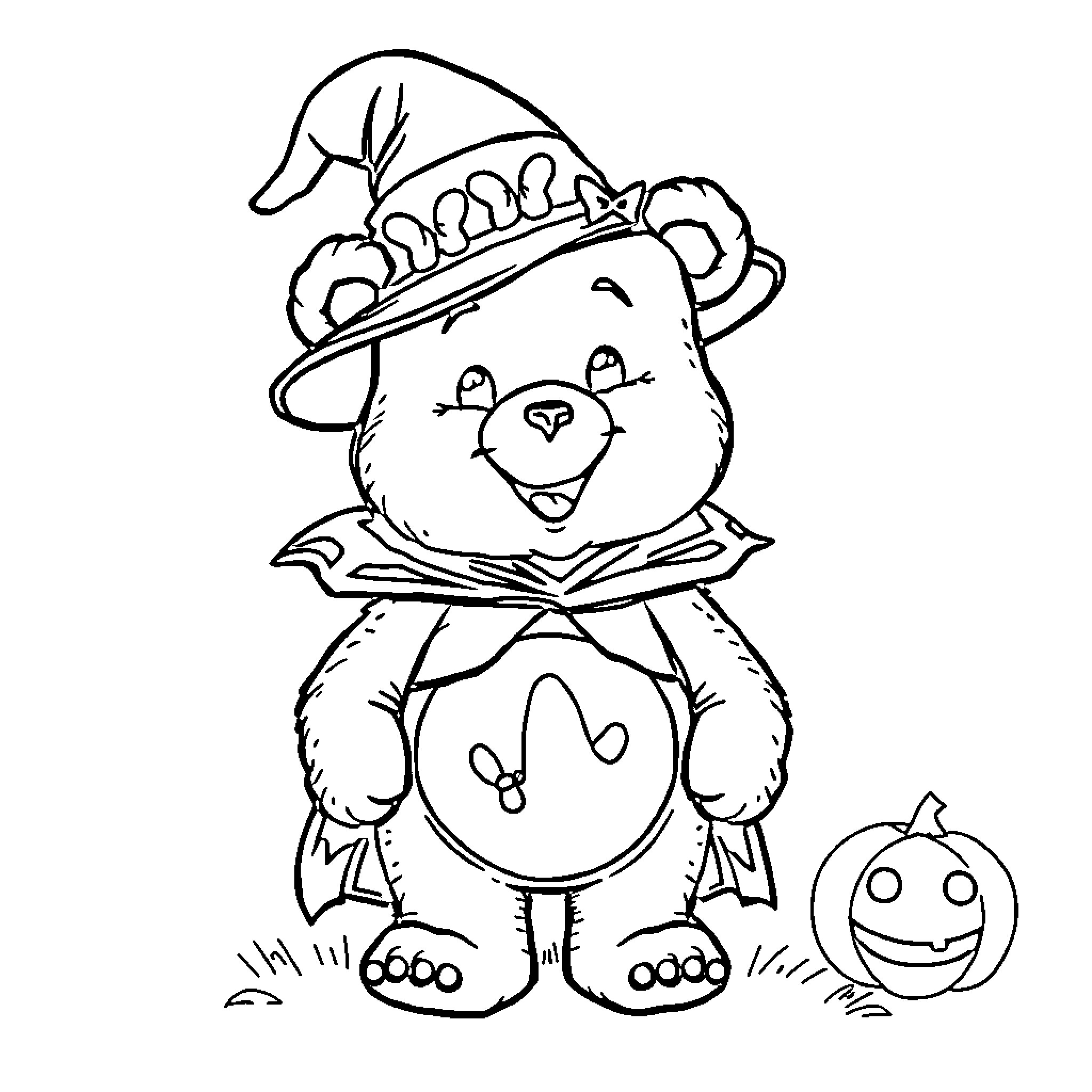 Care Bear in Halloween costume with pumpkin Coloring Page (free black-and-white line drawing printable PDF for all, from beginners to advanced learners, including children, teens, adults, and seniors)