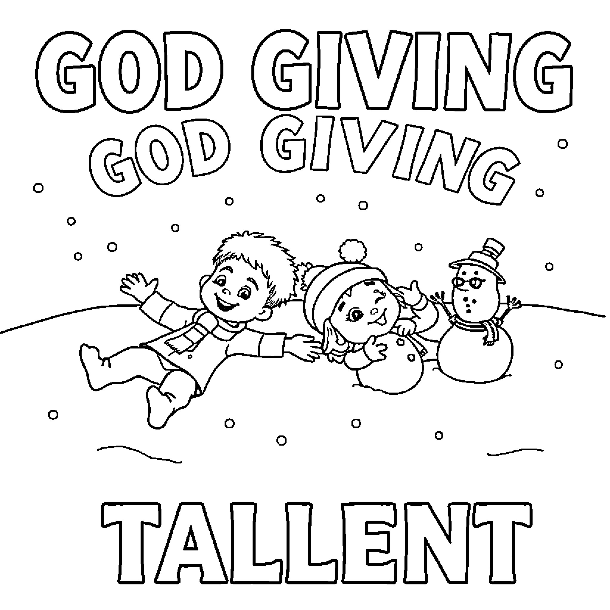 Child playing in the snow with snowman Coloring Page (free black-and-white line drawing printable PDF for all, from beginners to advanced learners, including children, teens, adults, and seniors)
