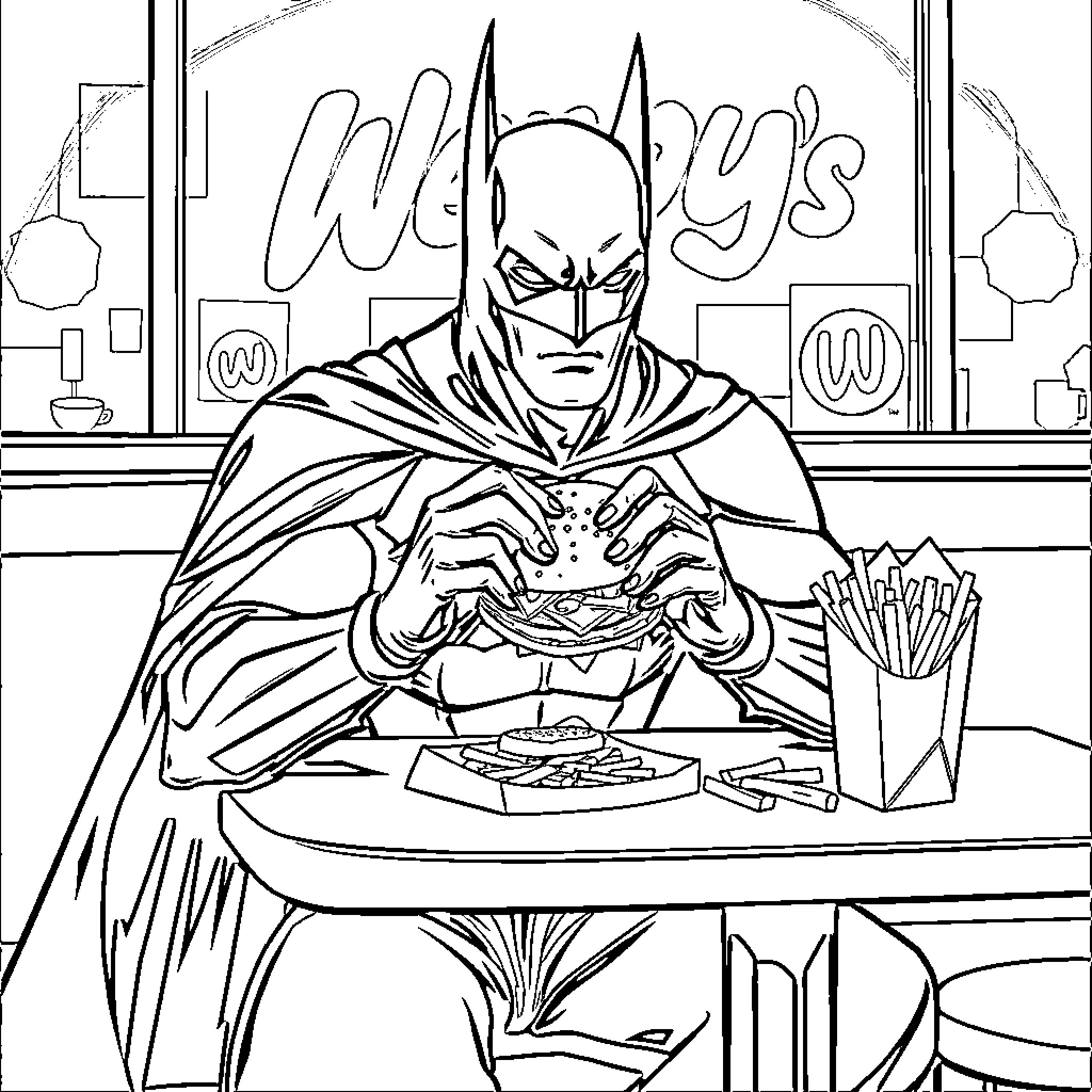 Batman Enjoying a Meal at the Diner Coloring Page (free black-and-white line drawing printable PDF for all, from beginners to advanced learners, including children, teens, adults, and seniors)