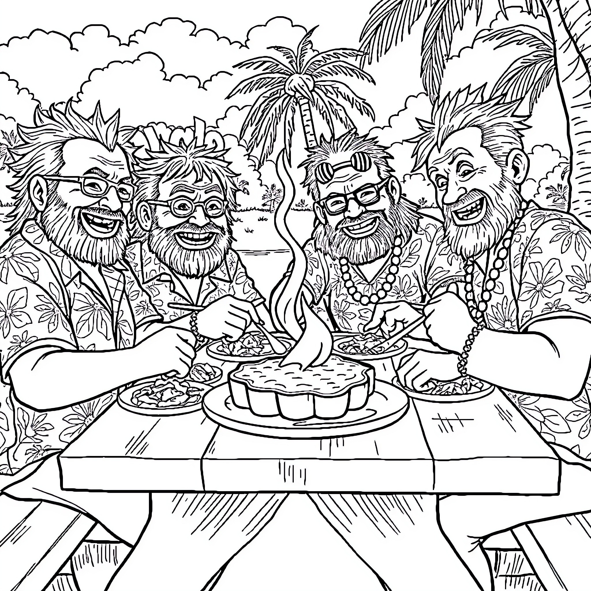 Juggalo friends enjoy a tropical feast together Coloring Page (free black-and-white line drawing printable PDF for all, from beginners to advanced learners, including children, teens, adults, and seniors)
