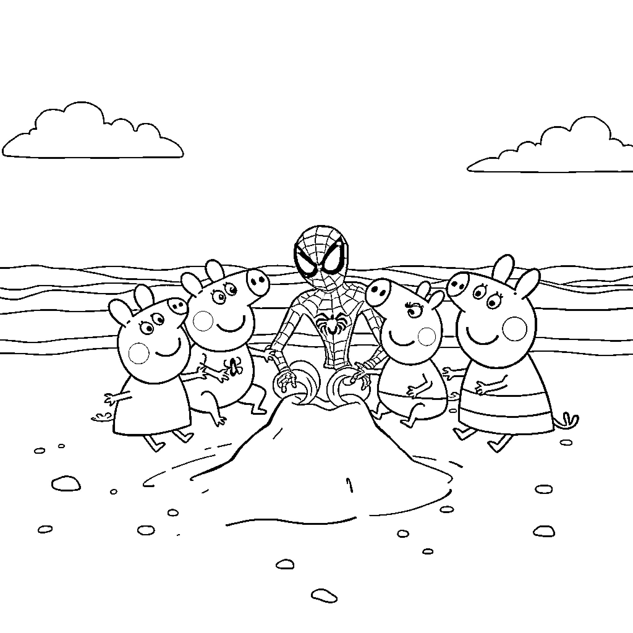 Spidey joins Peppa Pig family for beach adventure Coloring Page (free black-and-white line drawing printable PDF for all, from beginners to advanced learners, including children, teens, adults, and seniors)