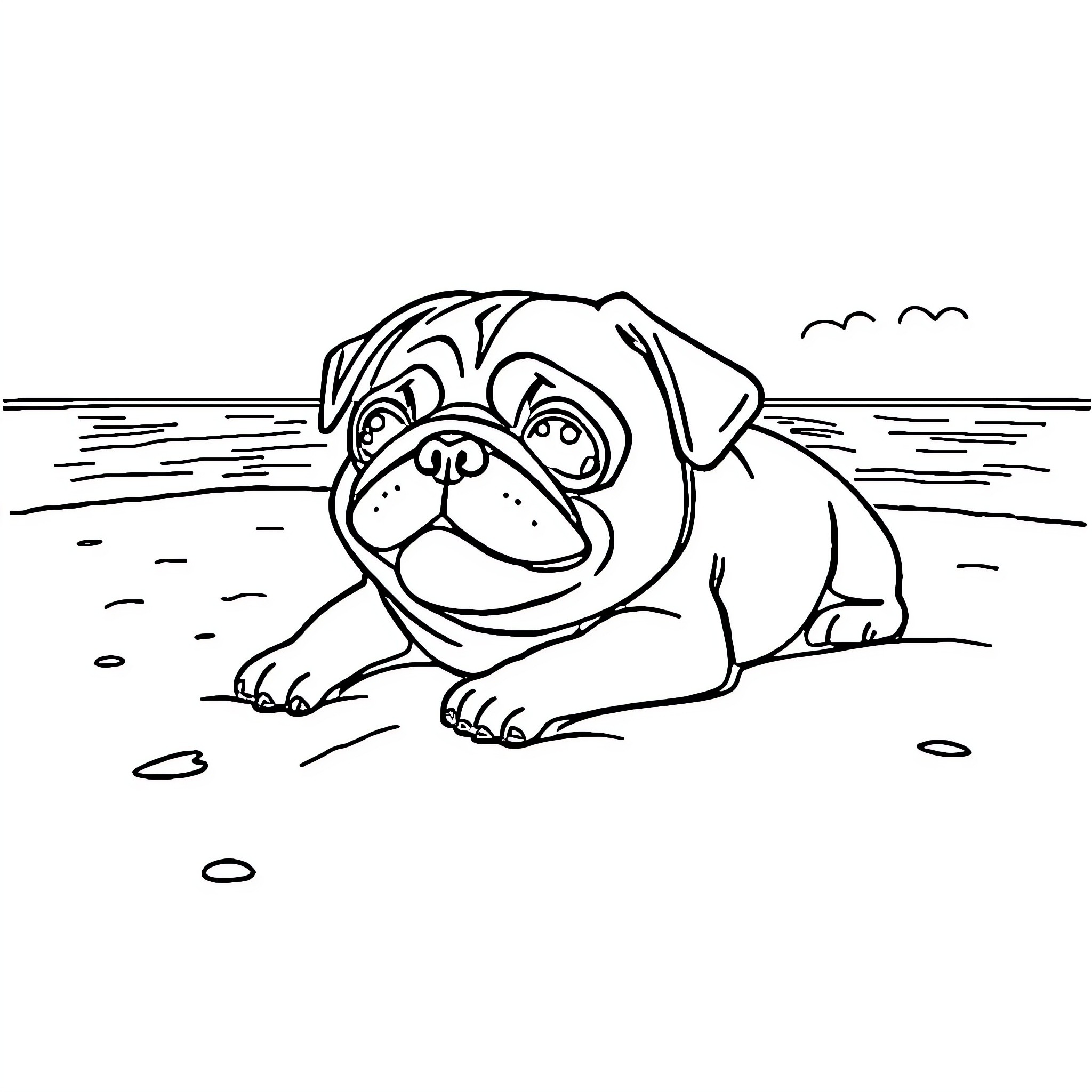 Pug sitting on the beach Coloring Page (free black-and-white line drawing printable PDF for all, from beginners to advanced learners, including children, teens, adults, and seniors)