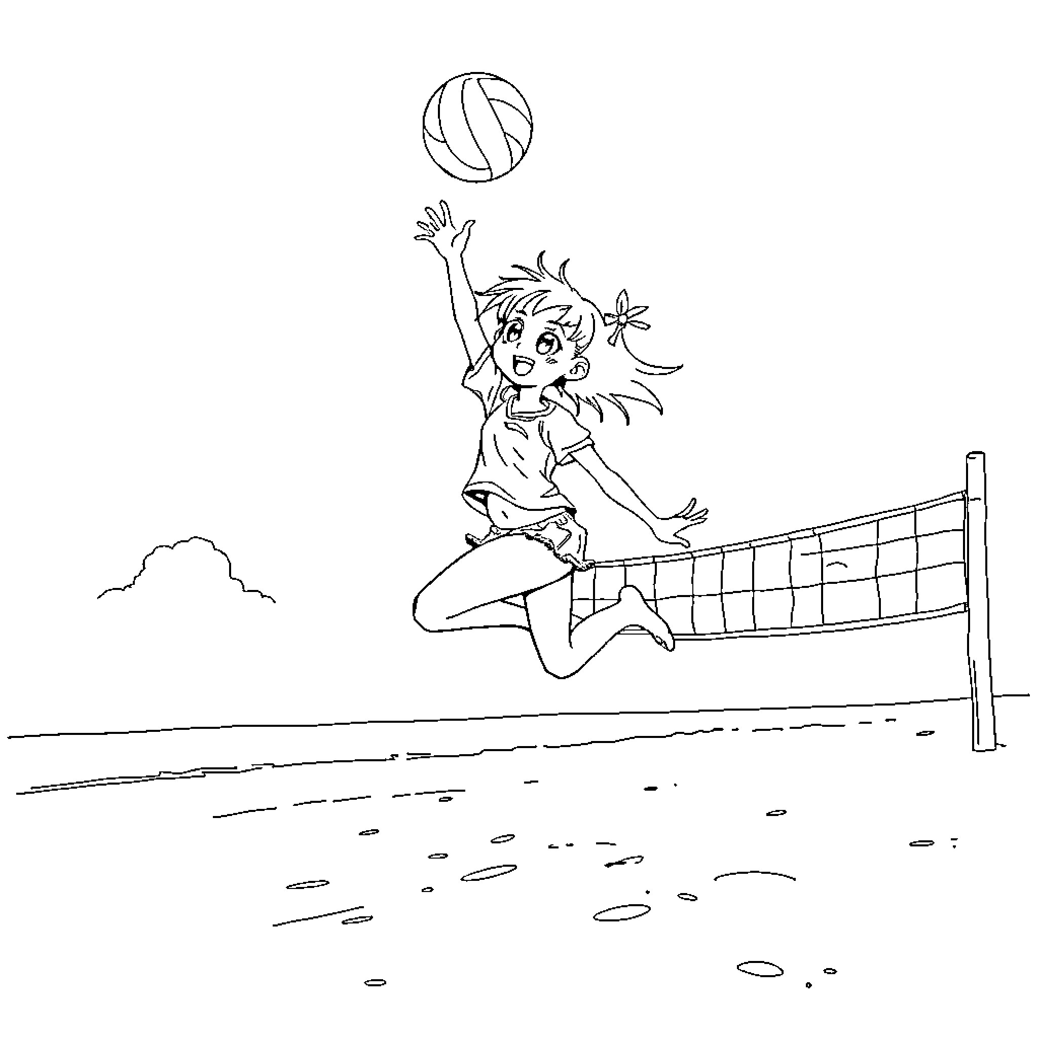 Kuromi playing joyfully on the volleyball court Coloring Page (free black-and-white line drawing printable PDF for all, from beginners to advanced learners, including children, teens, adults, and seniors)