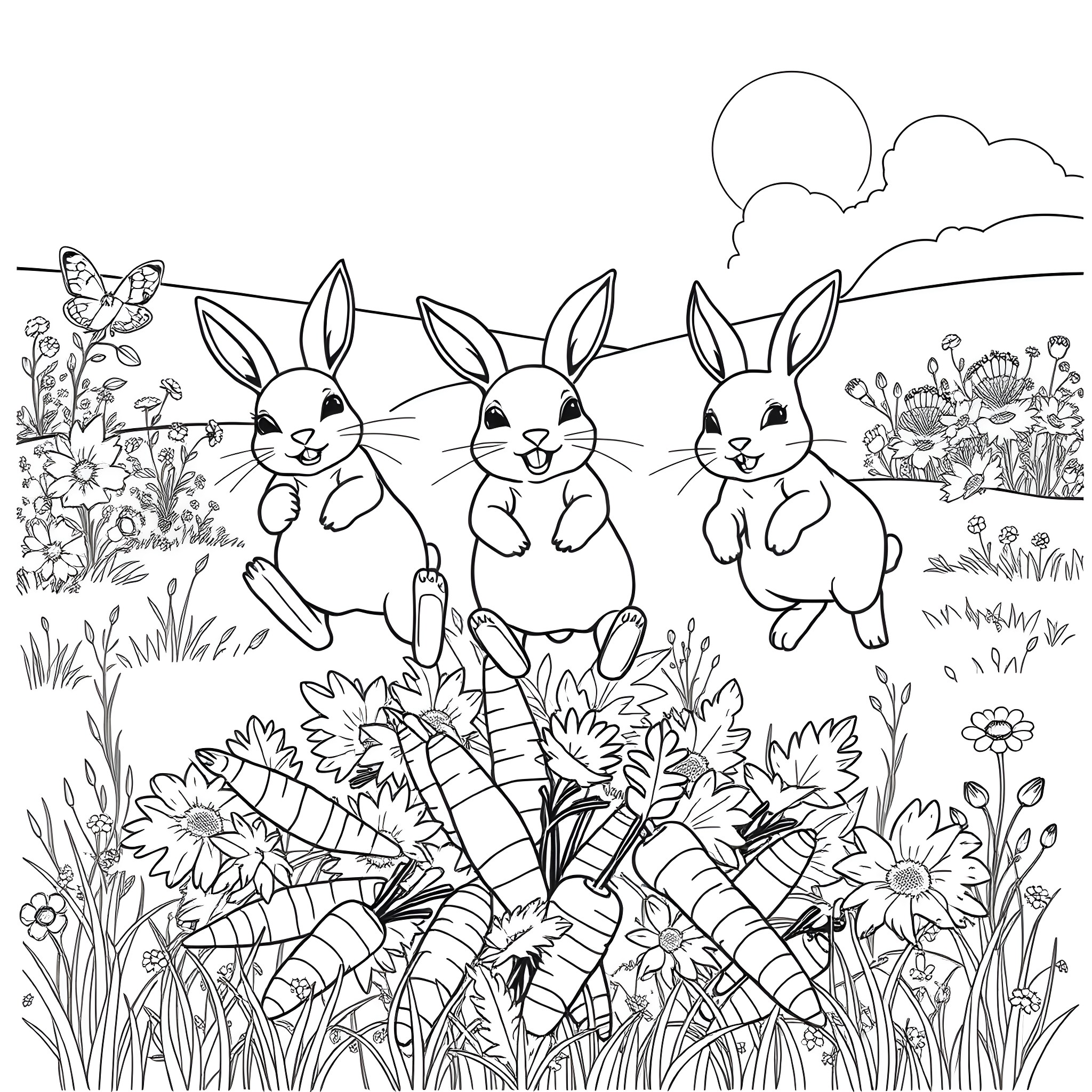 Bunny rabbits playing in a flower-filled meadow Coloring Page (free black-and-white line drawing printable PDF for all, from beginners to advanced learners, including children, teens, adults, and seniors)