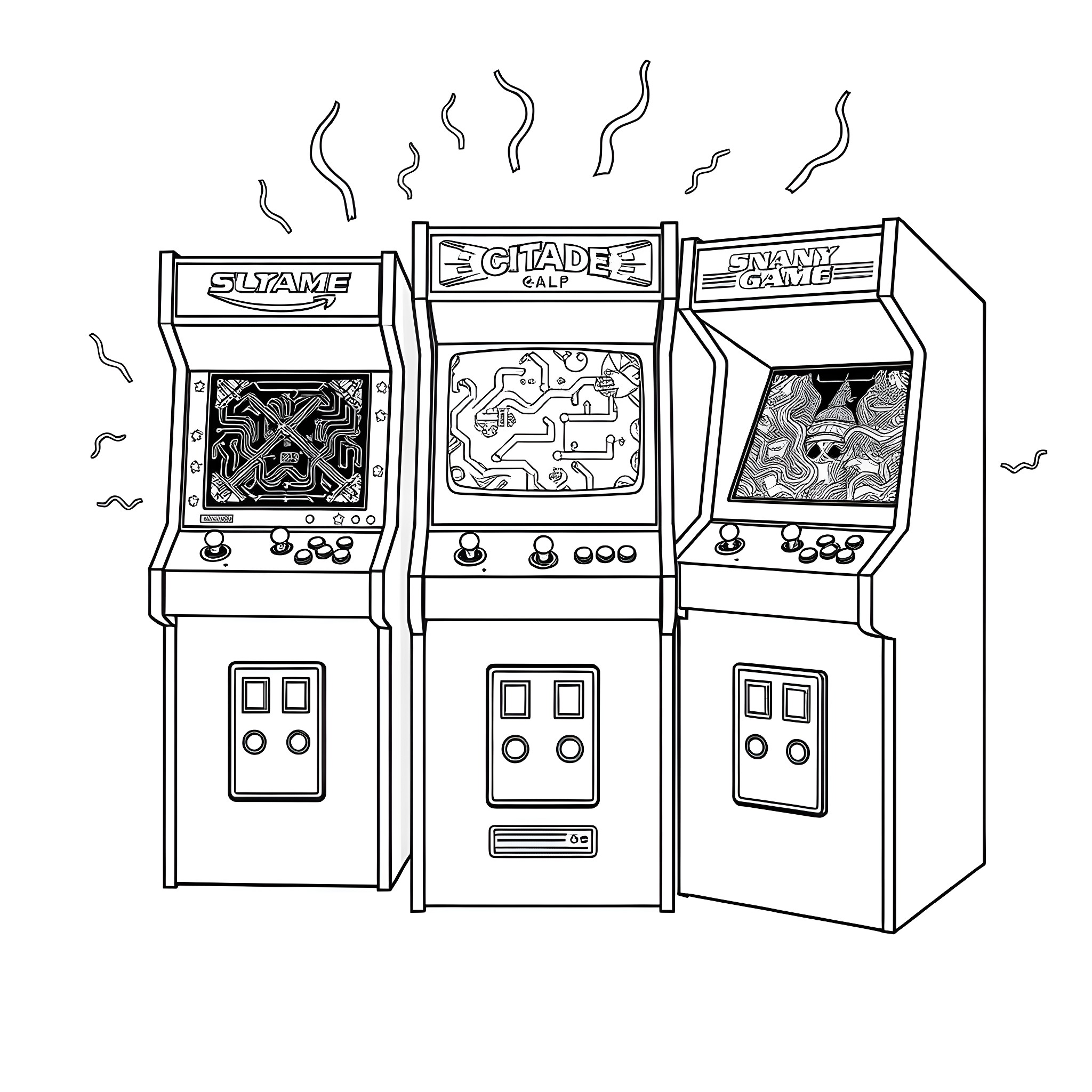 Arcade Machines with Classic Game Designs Coloring Page (free black-and-white line drawing printable PDF for all, from beginners to advanced learners, including children, teens, adults, and seniors)