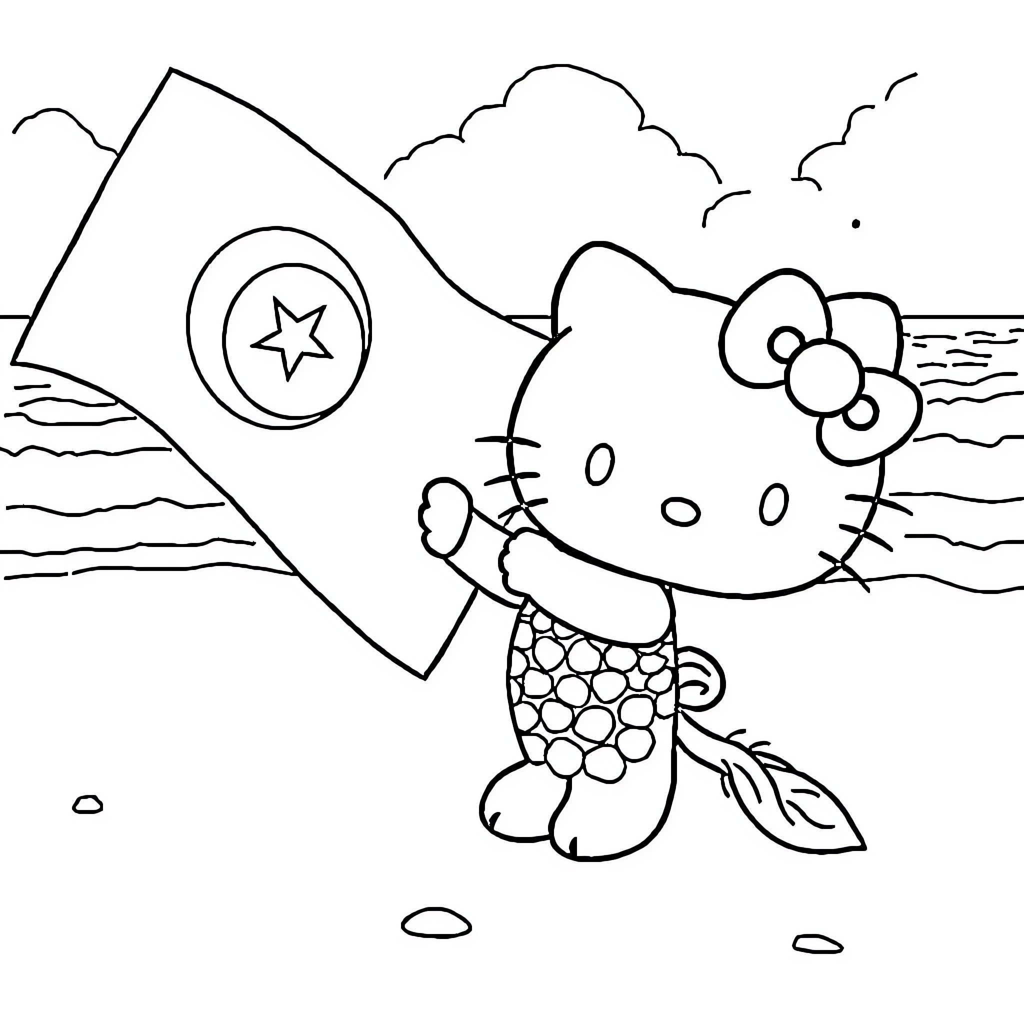 Mermaid Hello Kitty playing on the beach Coloring Page (free black-and-white line drawing printable PDF for all, from beginners to advanced learners, including children, teens, adults, and seniors)