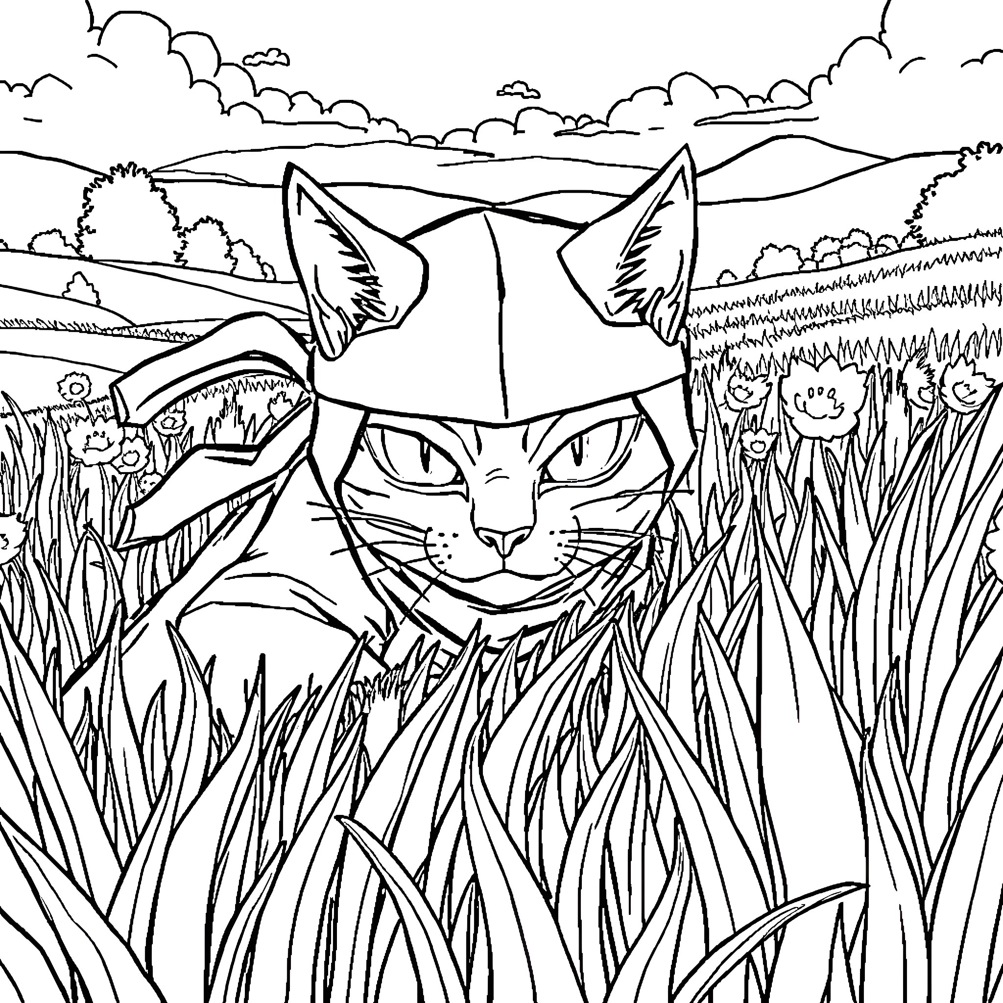 Ninja Cat Stalking Through the Grassy Wilderness Coloring Page (free black-and-white line drawing printable PDF for all, from beginners to advanced learners, including children, teens, adults, and seniors)