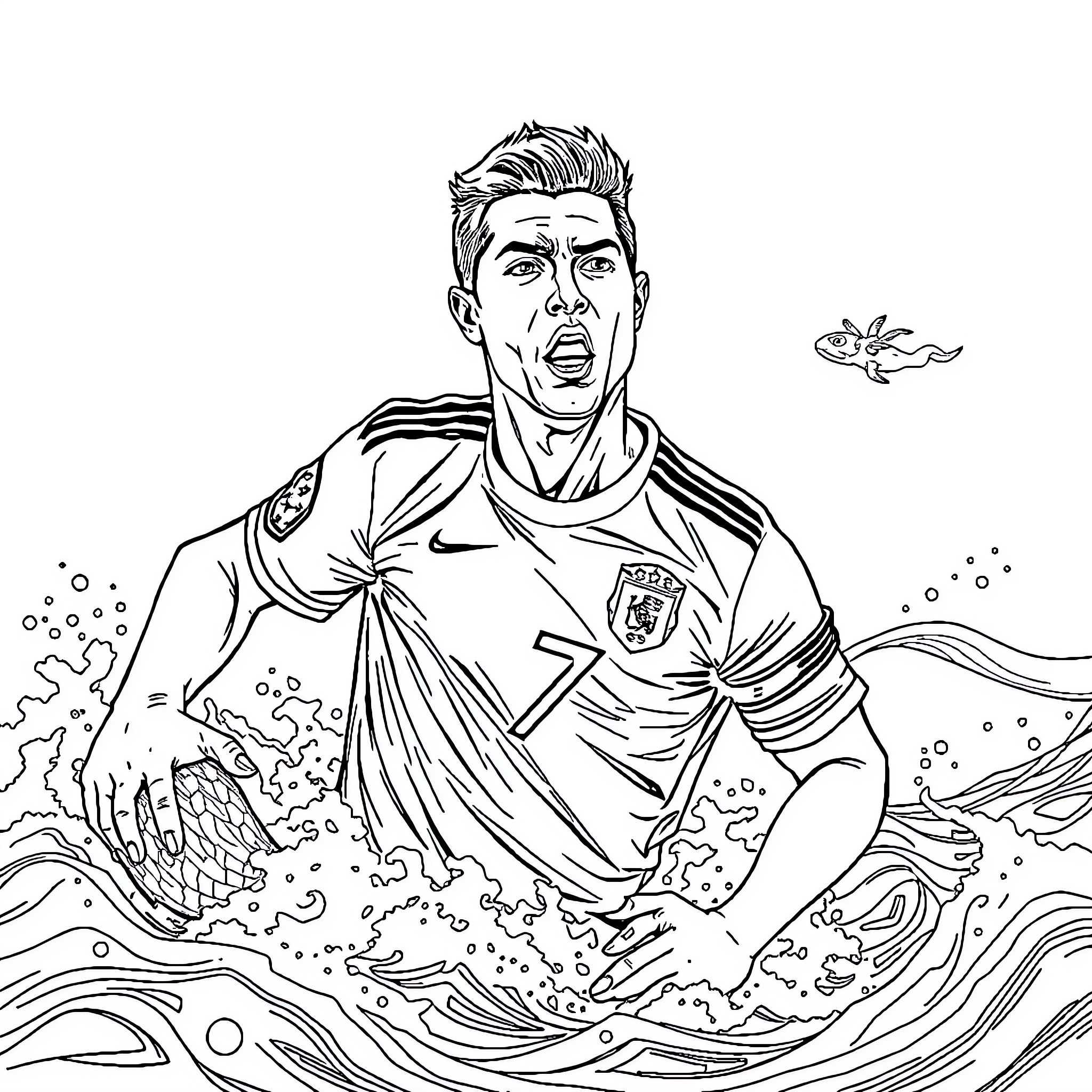 Cristiano Ronaldo diving for the ball in the ocean Coloring Page (free black-and-white line drawing printable PDF for all, from beginners to advanced learners, including children, teens, adults, and seniors)